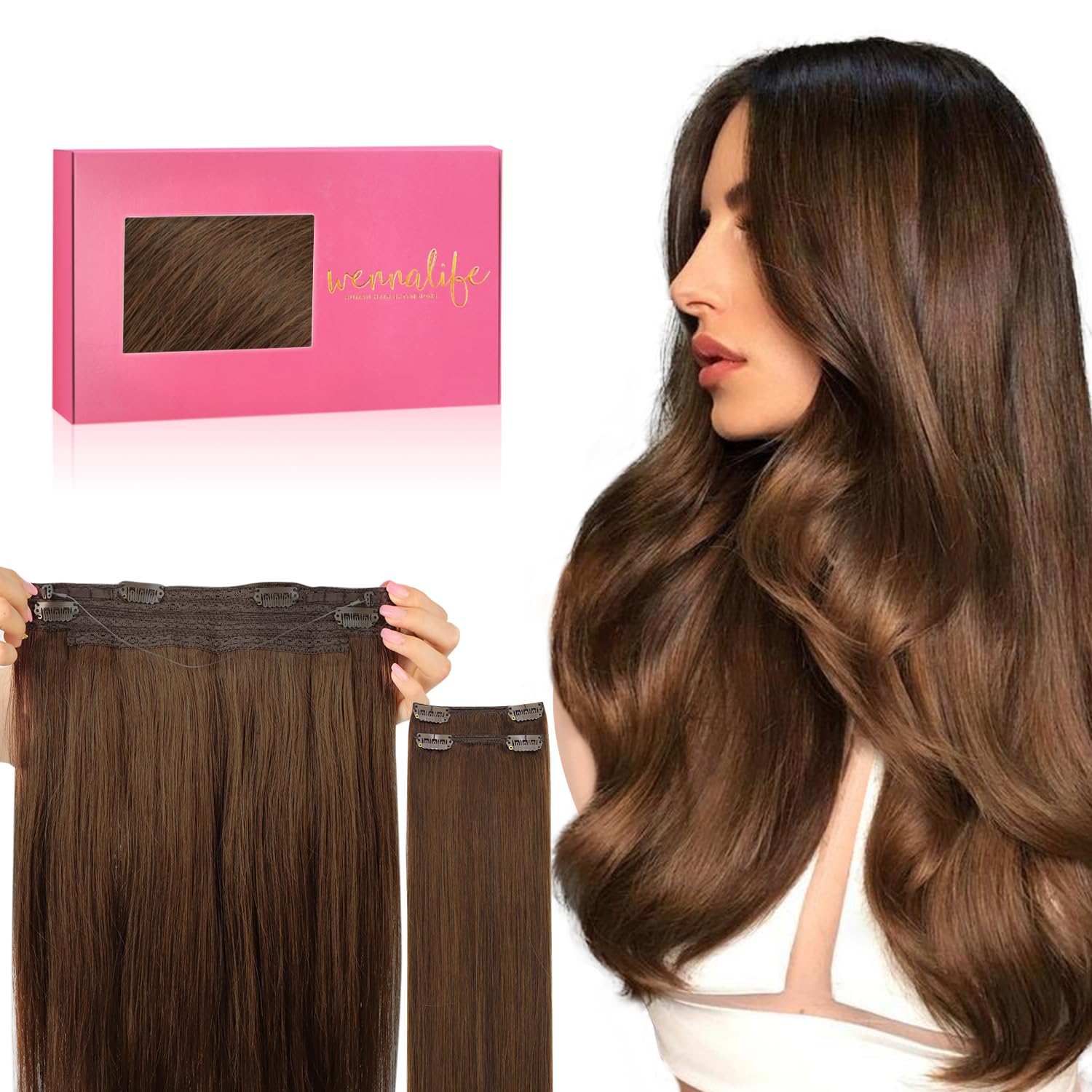 WENNALIFE Wire Hair Extensions (Increase 50% Lifespan) Real Human Hair 14 inch 75g Balayage Dark Brown to Chestnut Remy Invisible Transparent Fish Line — view 8