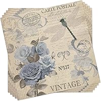 Vista 3 de Rose Paper Napkins CART POSTAL ROSES 40pcs Cocktail Rose Napkins for Decoupage, Vintage Blue Roses on Fleur de lis Tissue Paper, Vintage Paper