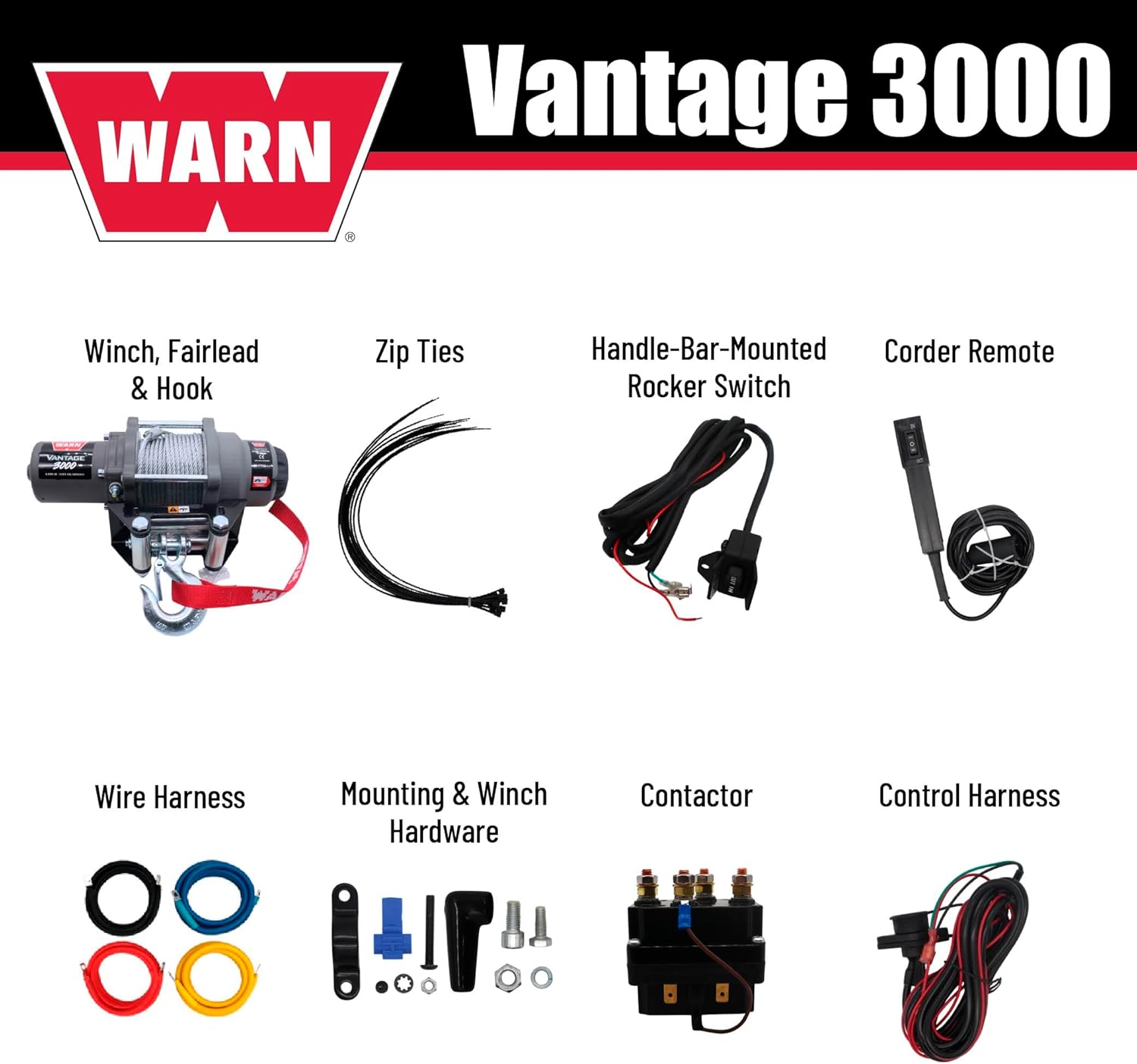 WARN Vantage 3000 12V DC ATV/UTV Winch - 3000 lb Pull Capacity, 50 Ft 3/16" Wire Rope, Roller Fairlead, Fully Sealed Motor, 3-Stage Planetary, Handlebar Mini Rocker & Corded Remote (108213)