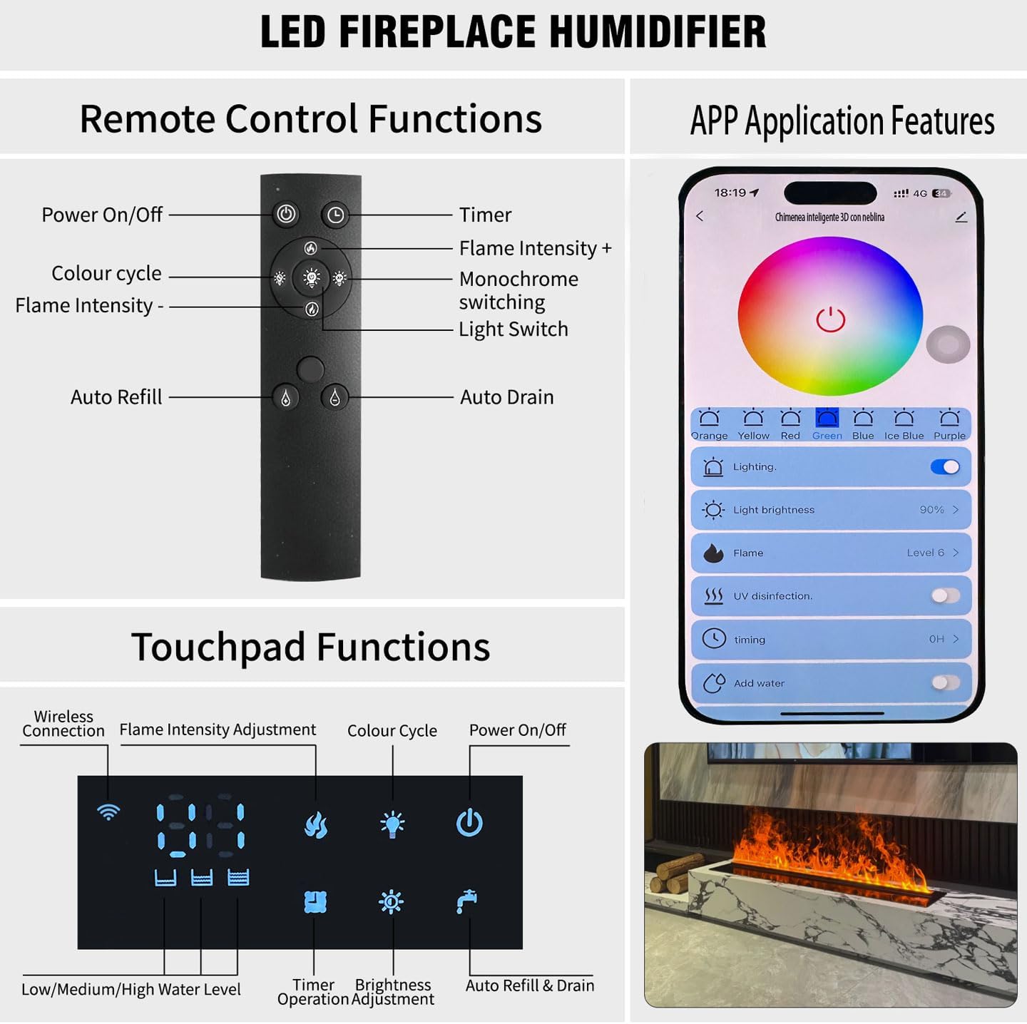 Water Vapor Fireplace Recessed, Electric Fireplace Humidifier, 3D Realistic Steam 7 Color Flames, Adjustable Atomization Electric Fire Place with Touch/Remote Control/App Control 23inch