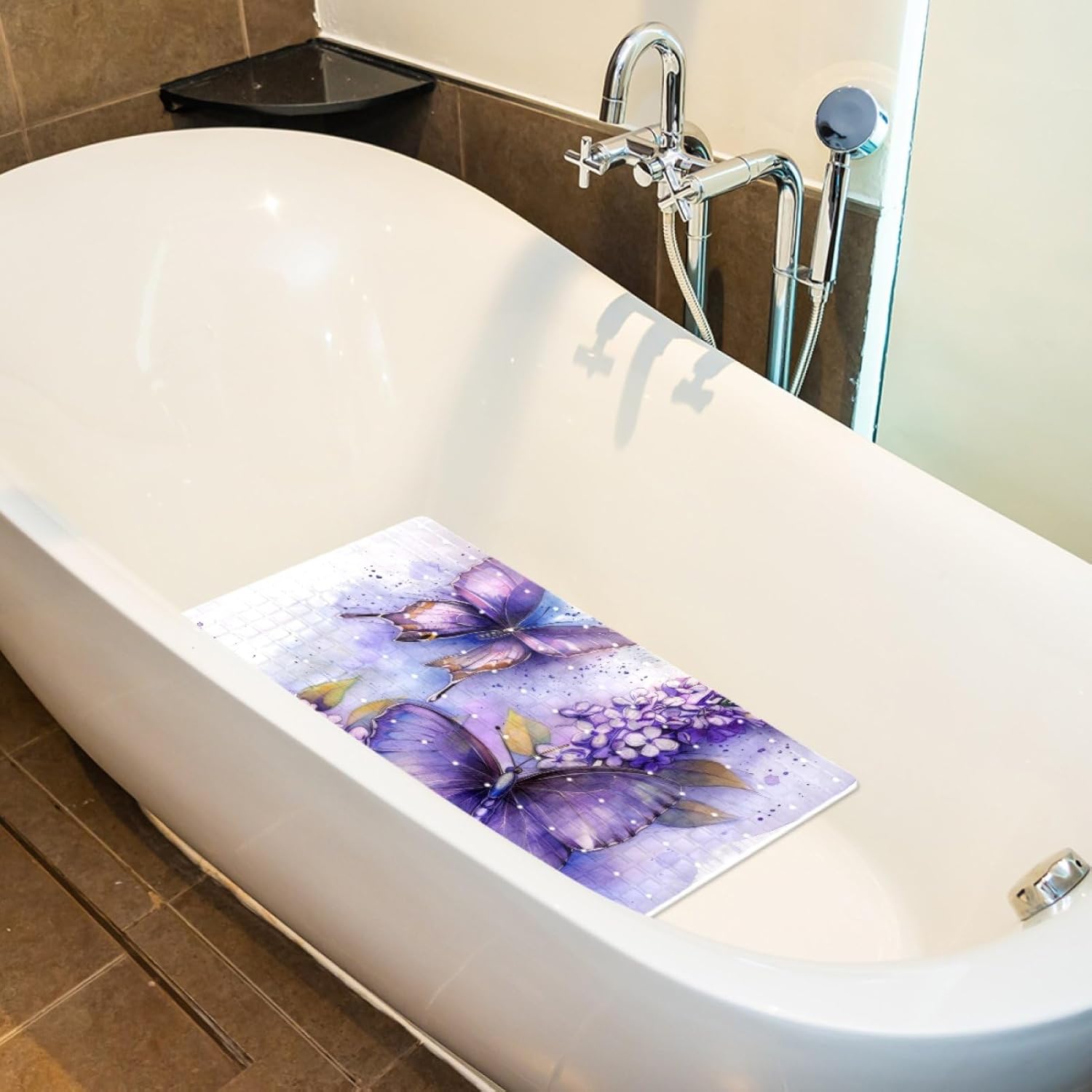Bath Tub Mat Non Slip 15.1 x 26.8 Inch, Eco Friendly Bathmat with Suction Cups Drain Holes Shower Tub Mats (Watercolor Purple Lilac Butterflies)