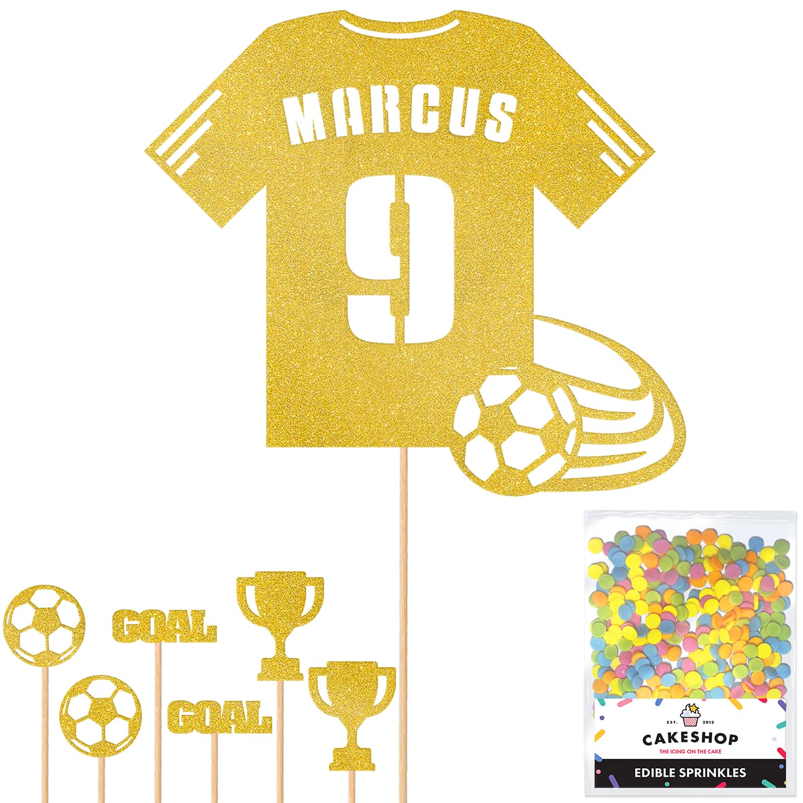 Personalised Birthday Football Kit Jersey Cake Topper- Gold Any Name & Age Number Glitter Cake Decoration and Sprinkles - Happy Birthday Decorations - Personalised Toppers for Cakes by Cakeshop