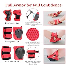 KAMUGO Kids Adjustable Helmet, with Sports Protective Gear Set Knee Elbow Wrist Pads for Toddler Age 3-8 Boys Girls, Bike Skateboard Hoverboard Scooter Rollerblading Helmet Set (Red)