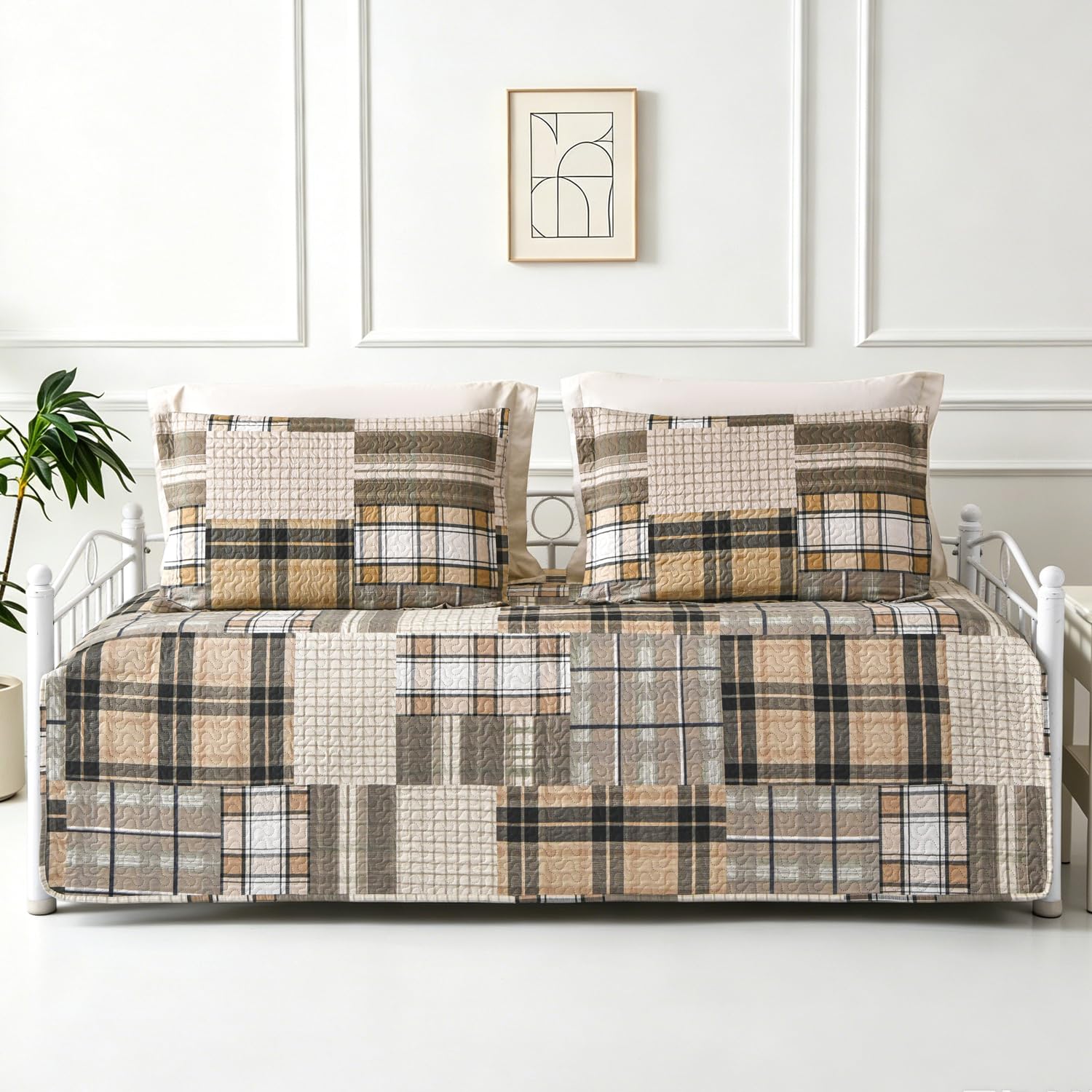 Jarson 3 Pcs Plaid Daybed Cover Set Twin Size Brown Beige - bedding sets and collections | Mubboo