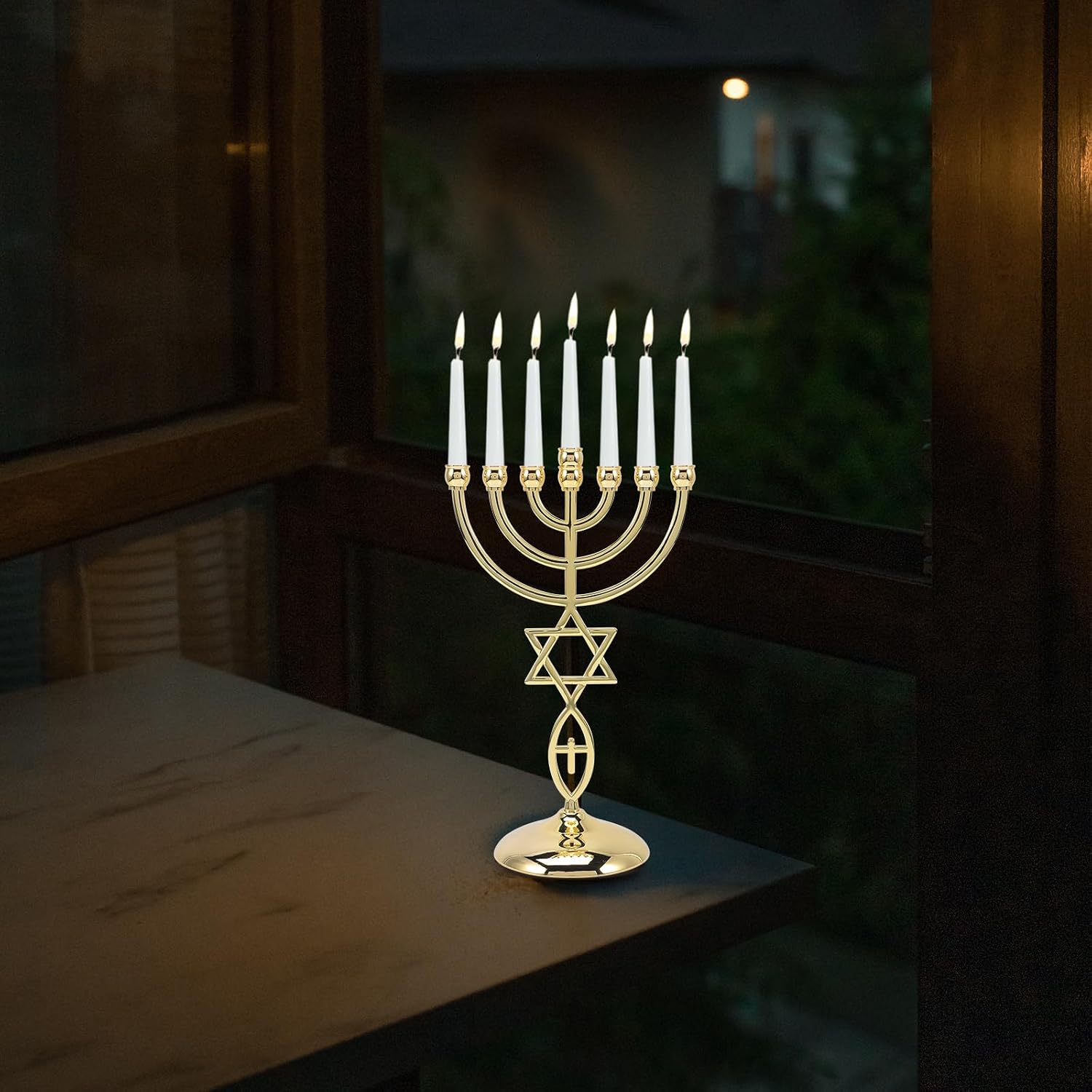 Veemoon 8.3" 7 Branch Candle Holder Traditional Jewish Menorah Gold Temple Candlestick Jerusalem Jewish Candle Holder Vintage Religious Candelabra for Home Church Temple Shabbat Chanukah