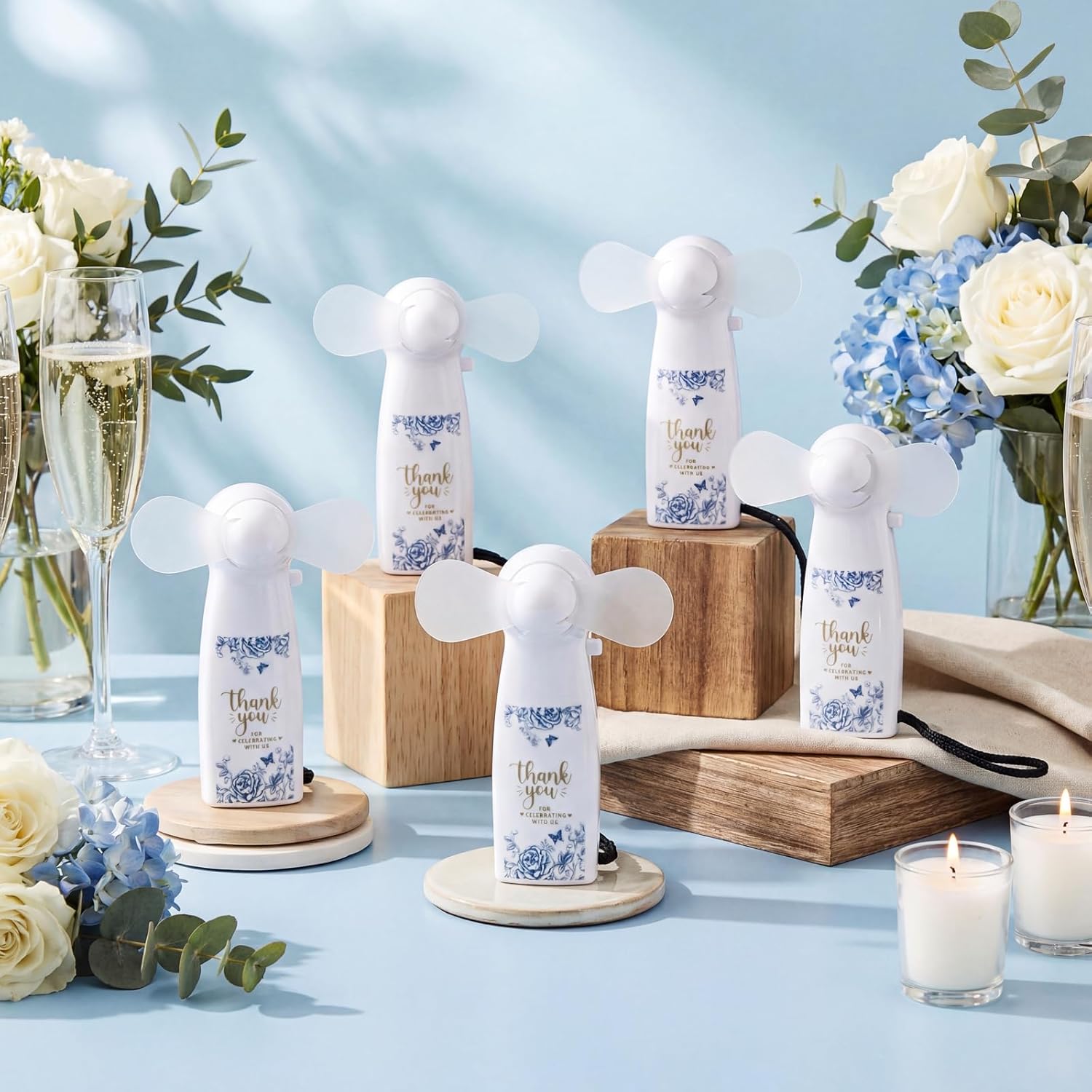 Glooglitter 50 Pcs Wedding Mini Portable Electric Fan Bulk Powerful Personal Handheld Fan for Wedding Guests Favors Bridal Party Bridesmaid Gifts, Battery Not Include(Blue Flower)
