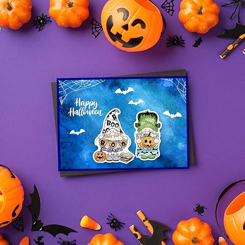 Miniatura 7 de INFUNLY Juego de troqueles y sellos enanos de Halloween, sellos y troqueles transparentes de gnomo para hacer tarjetas, sellos de goma enanos