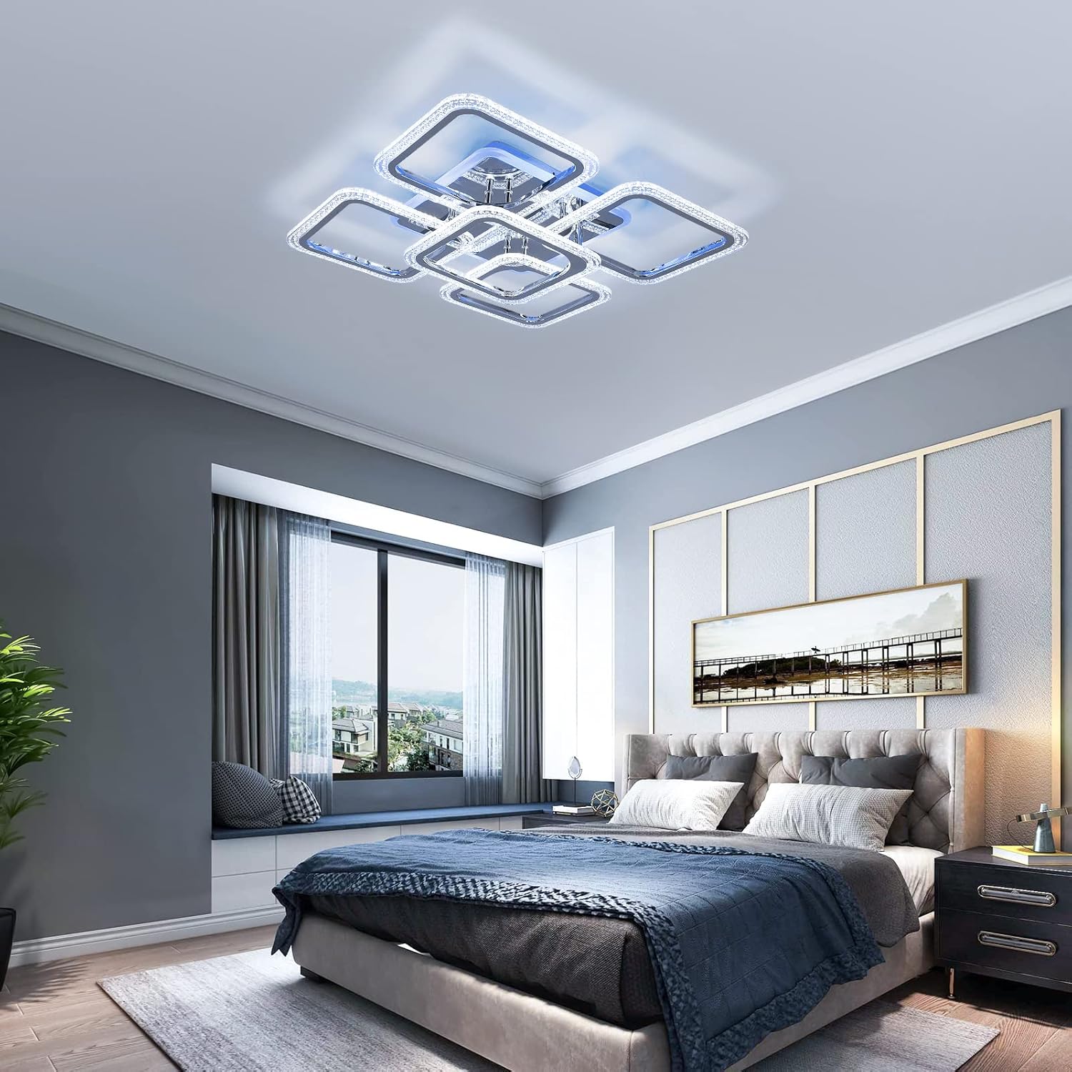 STCH Modern LED Ceiling Light Fixture Kitchen Lighting Fixtures Ceiling for Bedroom 100W Dimmable 5 Ring Square Ceiling Light for Kitchen Island with Remote Control for Living Room,Dining Room