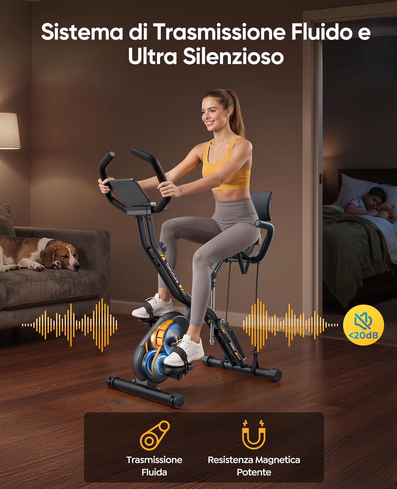 Nuova Toputure Cyclette da Casa Pieghevole con APP, Cyclette Pieghevole 5 in 1 con 16 Livelli di Resistenza, Display LCD e Cardiofrequenzimetro, Fasce Elastiche, Ultra Silenziosa, Portata 150 kg
