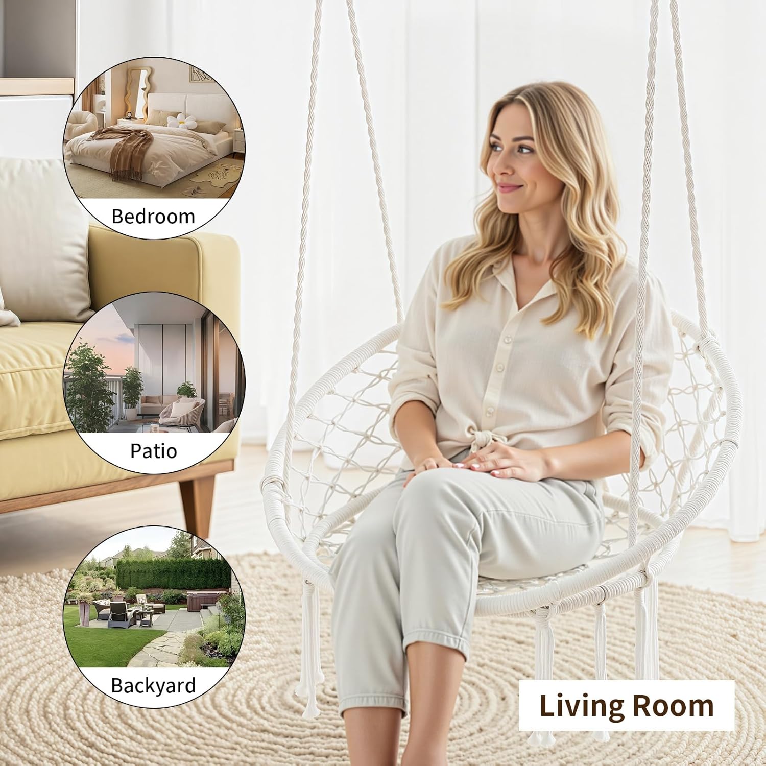 Garpans Hammock Chair Swing Set of 2 Bohemian Style Macrame Hammock with Tassels Hanging Swing Chair Handmade Knitted Cotton Rope for Indoor Outdoor Bedroom Patio Max 330 LBS White