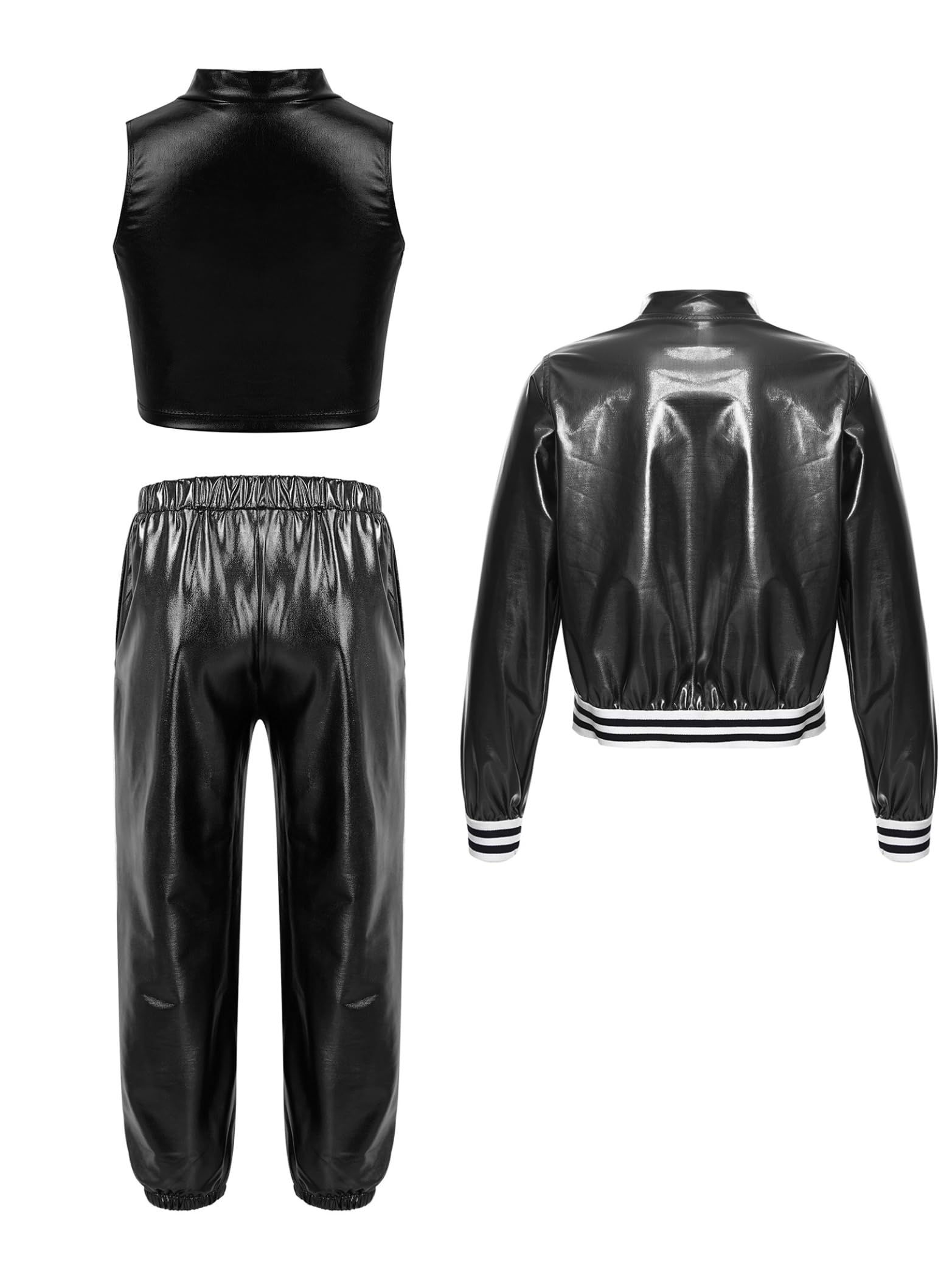 Yhong 3-częściowy zestaw dziewczęcych hip-hopowych ubrań do tańca z kapturem, tank top, spodnie do biegania dla dzieci, metaliczny dres treningowy, brokatowy, casualowy Street
