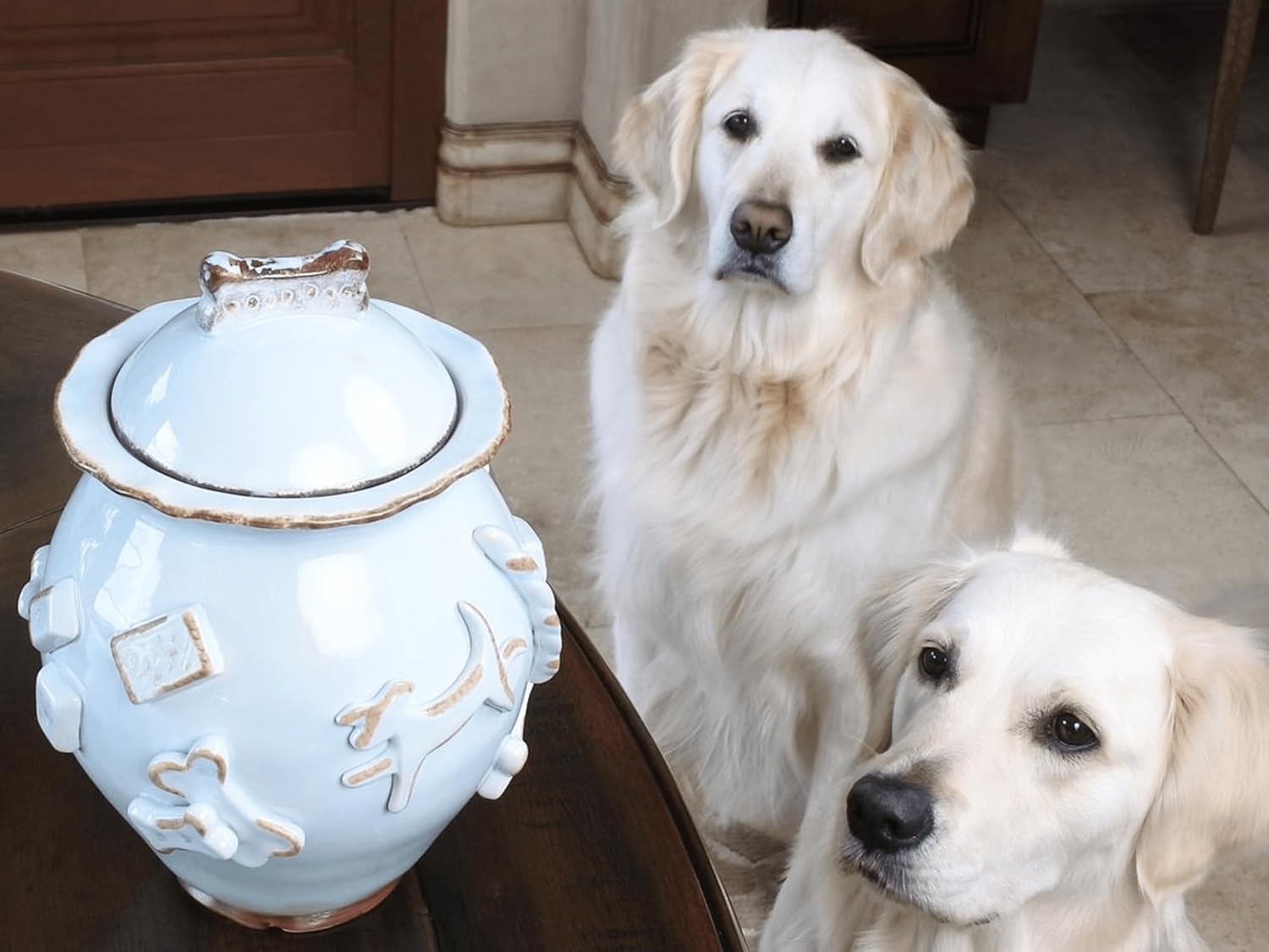 Carmel Ceramica PDJA3001 Air Tight Ceramic Dog Treat Jar, Aqua/Green, 7 x 9.5"