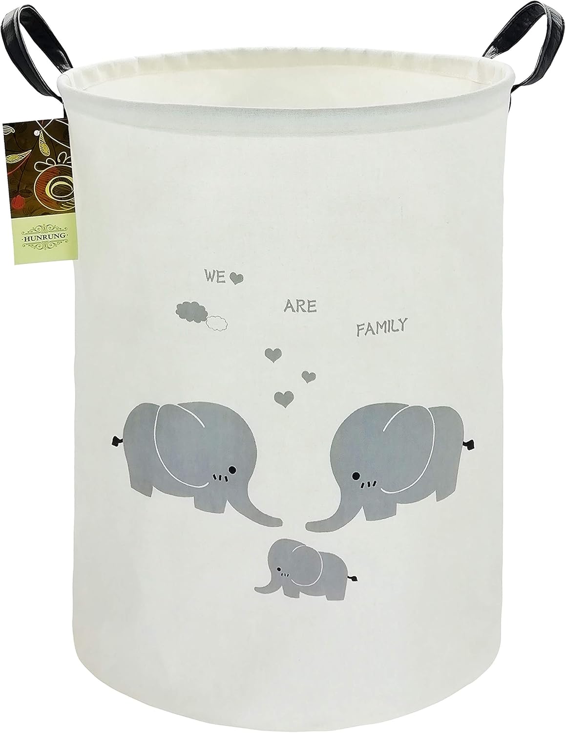 HUNRUNG Laundry Hamper,Large Canvas Fabric Lightweight Storage Basket Toy Organizer Dirty Clothes Collapsible Waterproof for College Dorms, Children Bedroom,Bathroom（Round-Family Elephants）