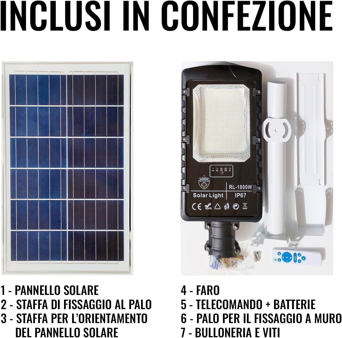 TANIASHOP Lampione Solare 1000W Lampione Stradale Faro Led con Pannello Fotovoltaico con Sensore Crepuscolare Impermeabile IP67 Luce Bianco Freddo 6500K Led Esterno con Telecomando Timer