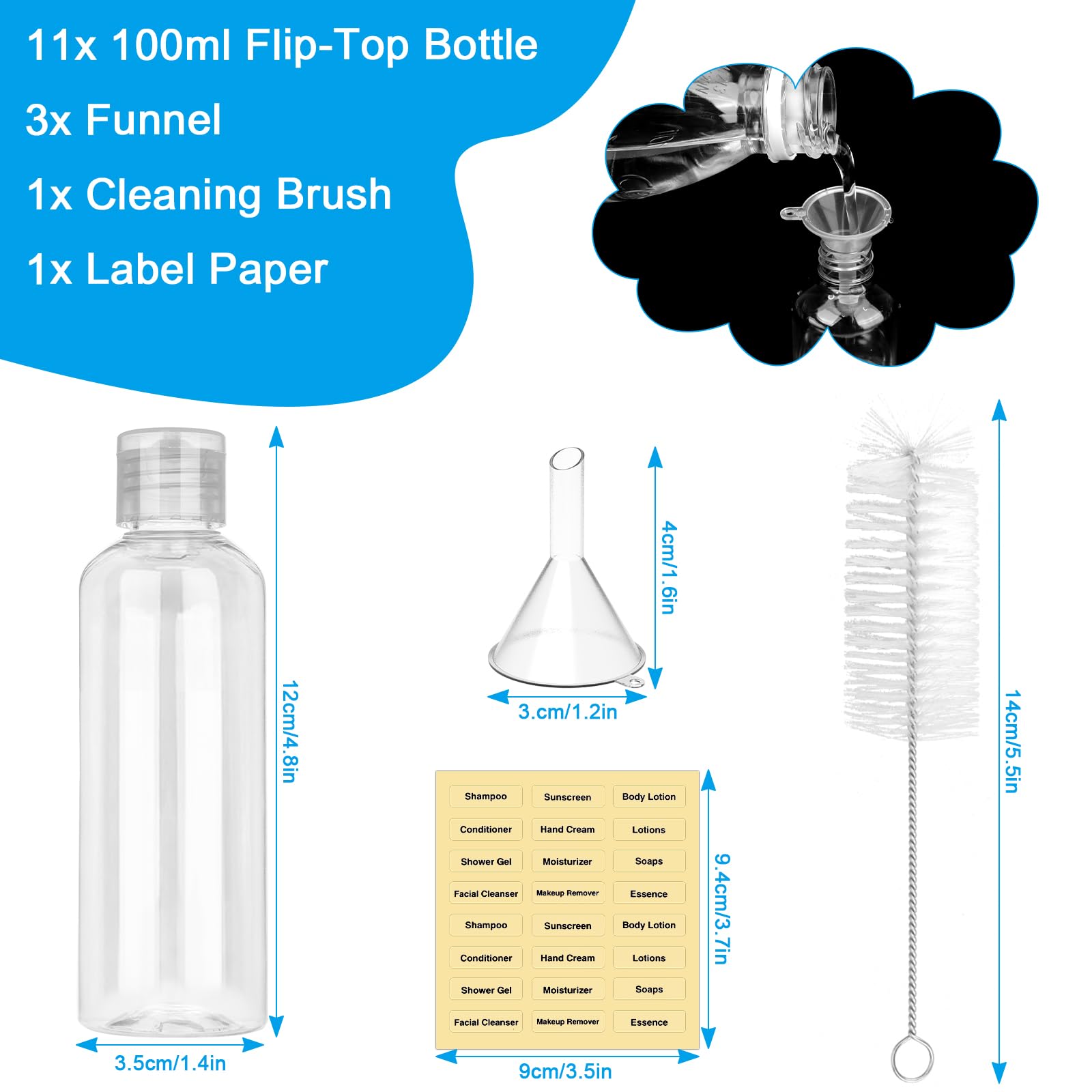 Coicok 11 Pezzi Flaconi da Viaggio 100 ml, Viaggio Accessori Utili con 3 Piccoli Imbuti, Trasparente Bottiglie da Viaggio con Etichette e Spazzola Pulita, Contenitori da Viaggioper per Liquide Shampoo