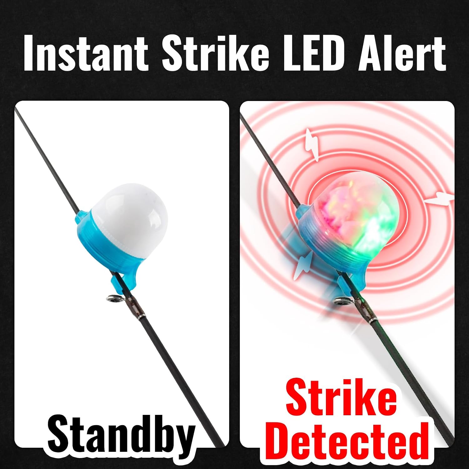 LED Fishing Bite Alarm Rod Tip Alert Indicator with Extra Bells | Audible Sound Flashing Light Sensitive Bite Detection Clip On Rod Tip Bell for Night Fishing Ice Fishing Carp Catfish Alarms