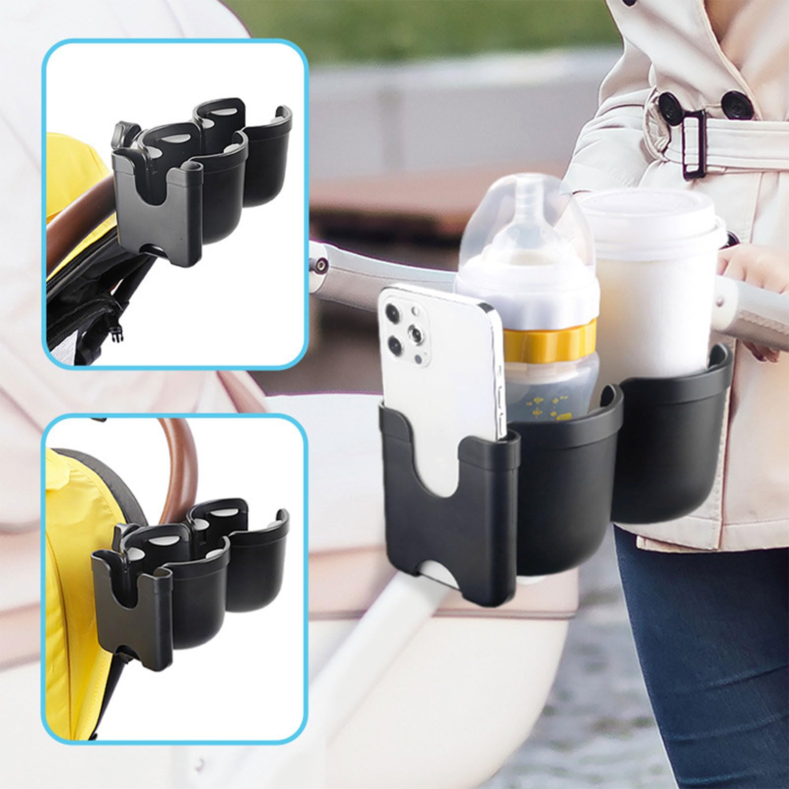 Getränkehalter für Kinderwagen, 360° drehbar, Doppel-Flaschen-Organizer mit Handy für Rollstuhl, Walker, Handy für Kinderwagen
