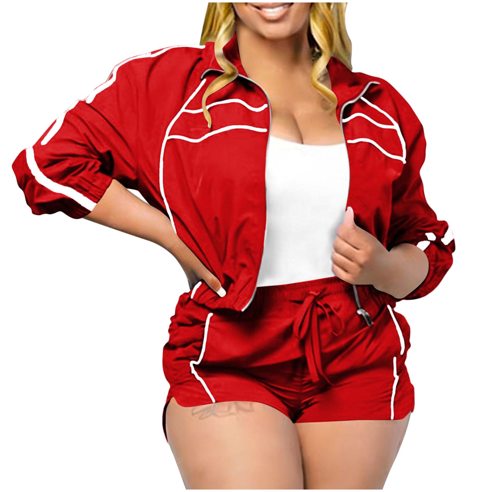 Conjunto deportivo de 2 piezas para mujer, impermeable, con cremallera, manga larga, pantalones cortos con cintura elástica, casual, holgado, para yoga, entrenamiento, deportes, ligero, conjunto