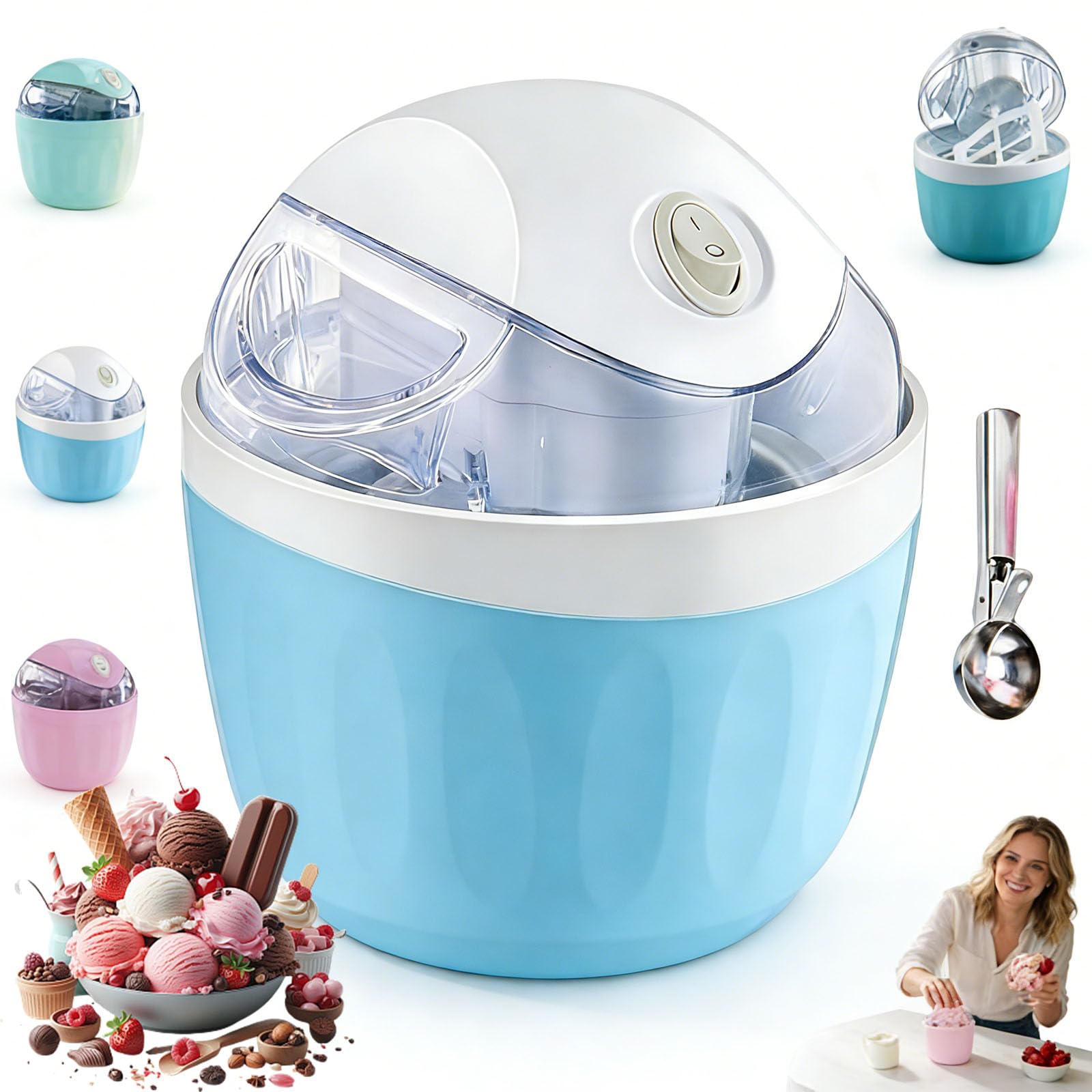Piccola macchina per gelato domestica, mini gelatiera elettrica da 17oz per fai-da-te, rapida in 15 minuti, mini gelatiera per porzione singola, macchina elettrica personale e per sorbetto e yog blue
