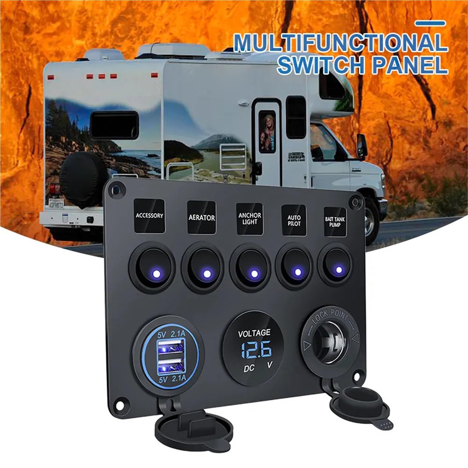 Panneau de commande d'interrupteur d'éclairage LED 12 V à 5 gangs, voltmètre, 2 ports USB, circuit de contrôle LED marche/arrêt for camping-car, camion, bateau, VTT, caravane(Blauw)