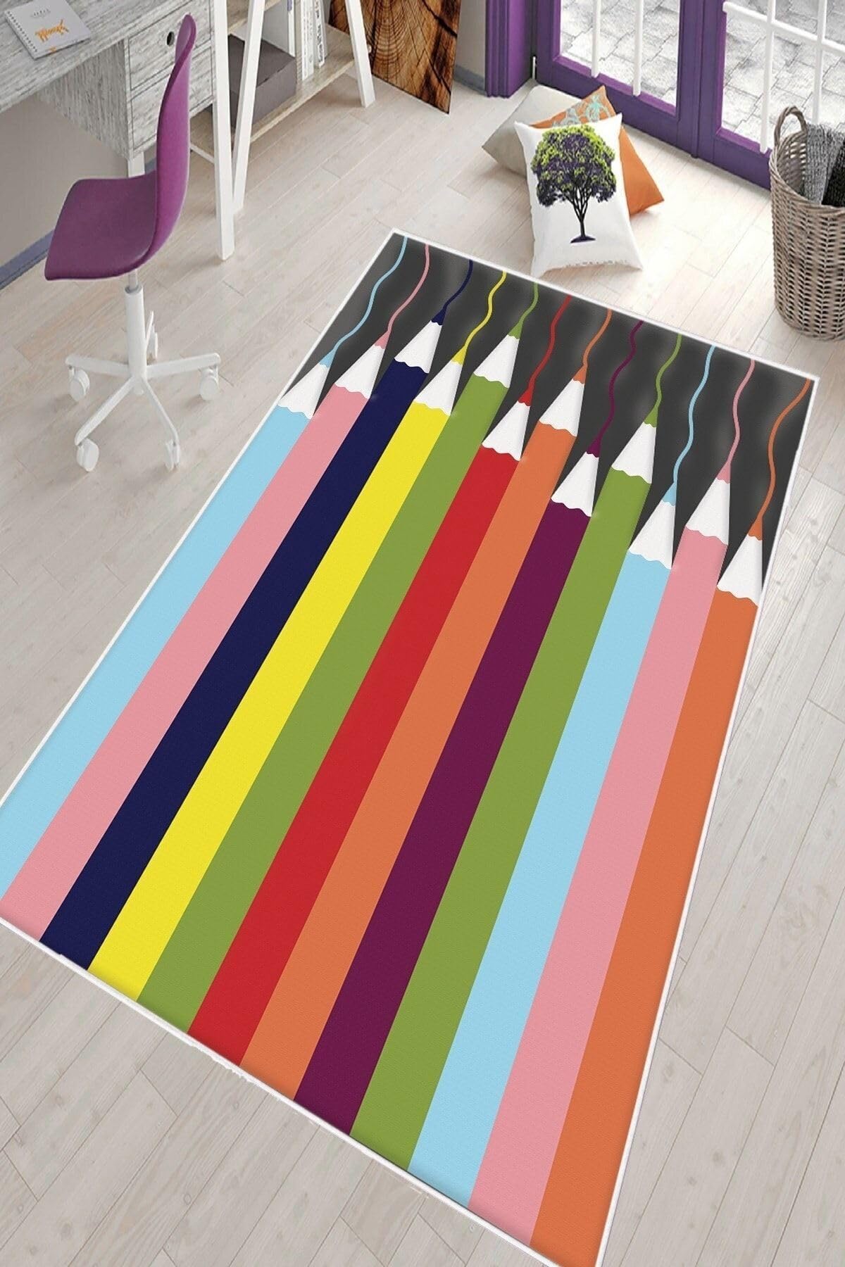 Pelangi Çok Renkli Kalem Desenli Yıkanabilir Kaymaz Taban Leke Tutmazbebek Ve Çocuk Odası Halısı, Çok Renkli 160 x 350, 901357144160350