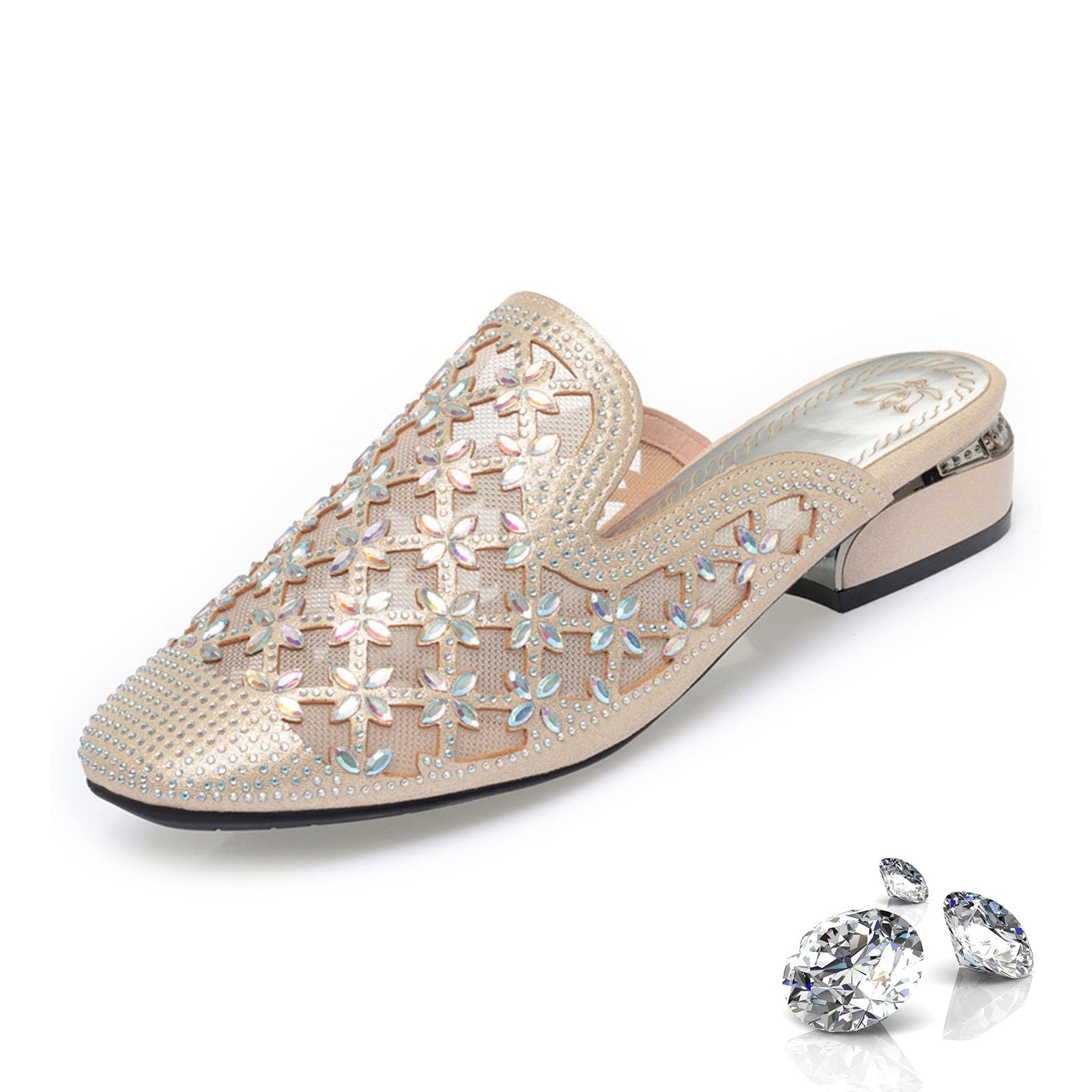 Mules da donna con tacco basso con strass, tacco a blocco, punta quadrata in rete trasparente, zeppe con strass, Oro, 36.