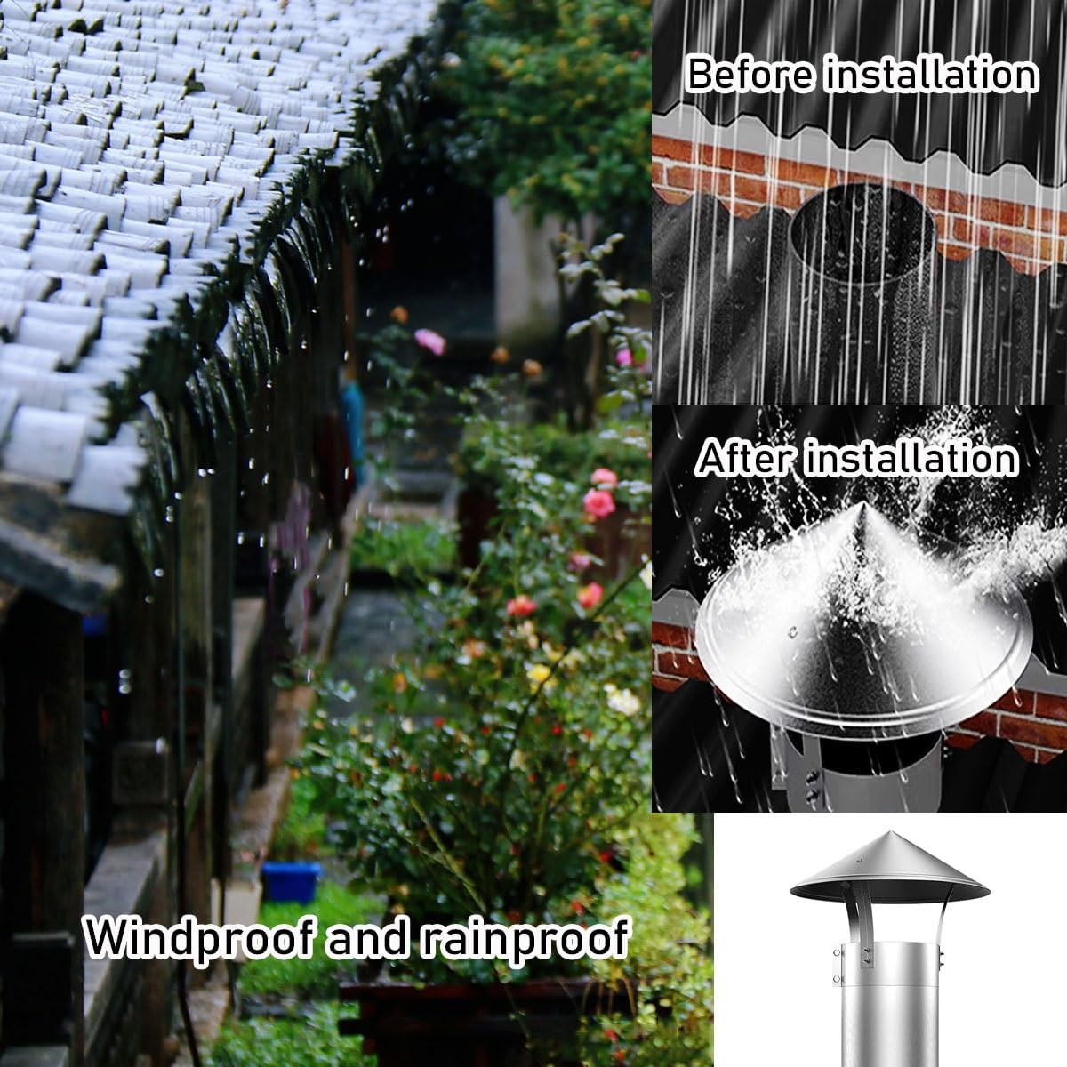All-Weather Stainless Steel Chimney Cap - Roof Vent for Flue Stove Pipe & Fireplace - Rain & Snow Protection (9.1in / 23cm)