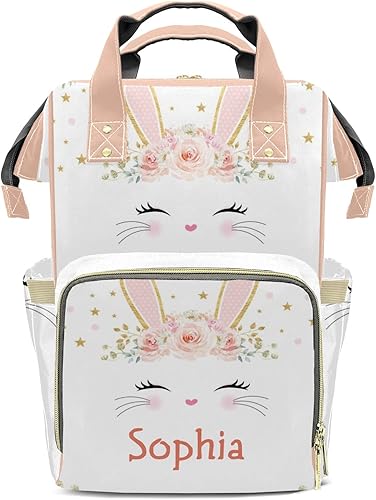 Pink Bunny - Mochila para pañales con nombre, gran capacidad, multifunción, para mamá, papá, unisex, niño y niña, Diseño 1, Mochilas Daypack