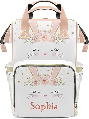 Pink Bunny Floral Diaper Backpack with Name Custom Backpack Mommy Nappy Baby Bag Waterproof Casual Travel Daypack Tote Bag for Mom Dad
