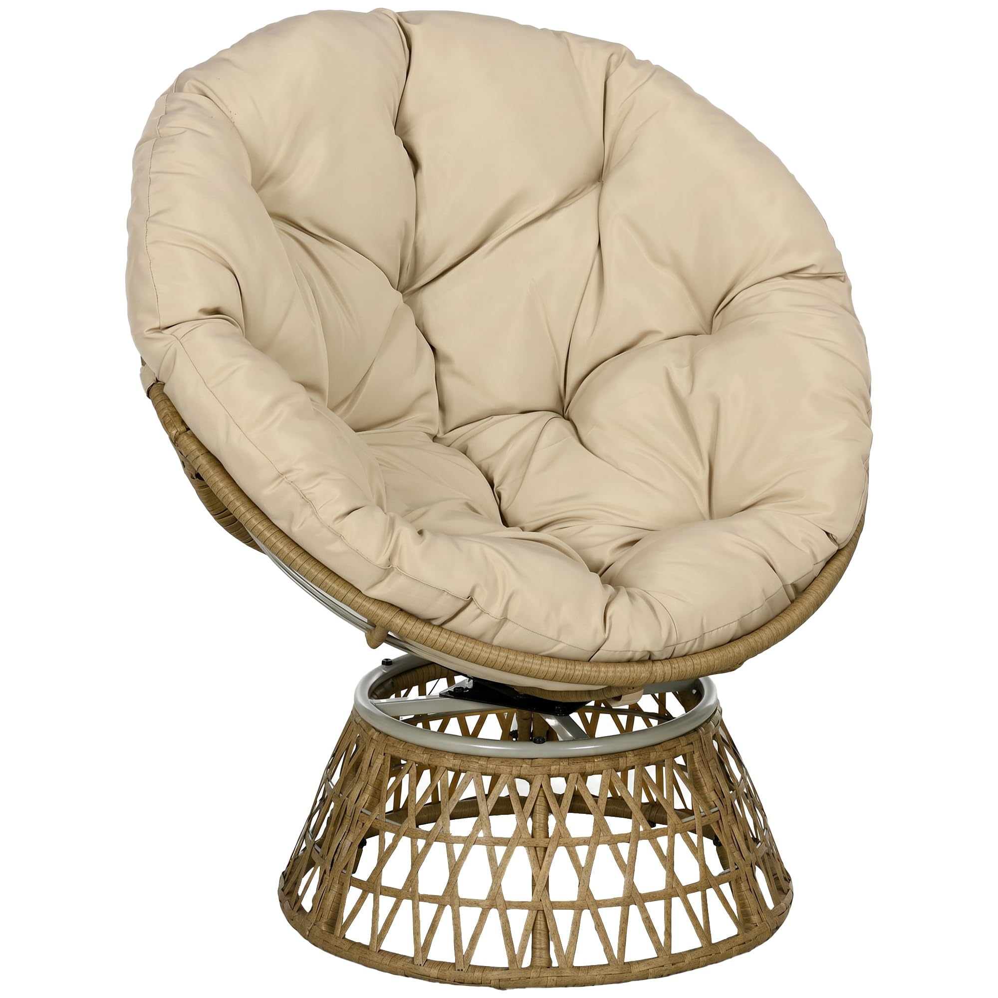 Outsunny Sillón Papasan Giratorio 360° de Ratán Sintético, Silla Redonda de Mimbre PE con Cojín y Marco de Acero, Resistente a Intemperie, Carga 120 kg, para Jardín, Terraza, 85x70x82 cm, Amarillo