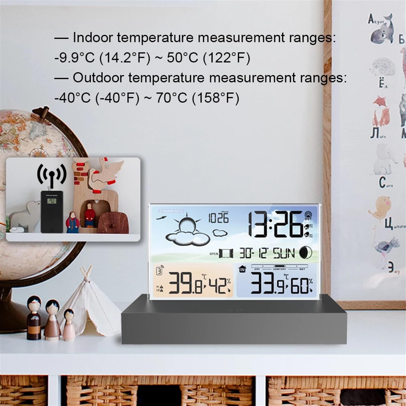 Stacja pogodowa, Cyfrowy termometr z czujnikiem Bezprzewodowa stacja pogodowa Temperatura Wilgotność Prognoza pogody Elektronika biurkowa Budzik