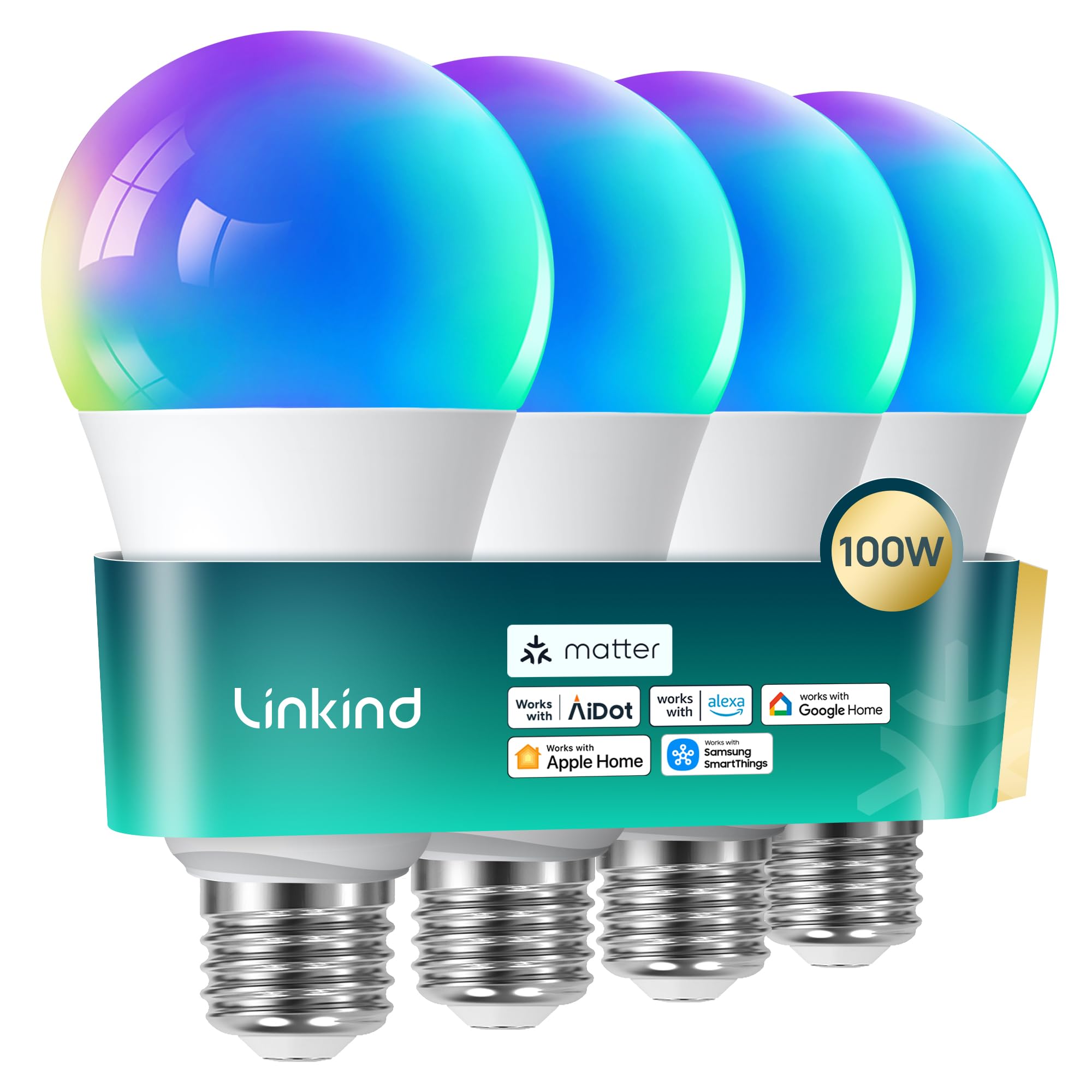 Linkind Matte E27 Smart LED Lamp 1600lm 14W, RGBTW  White ⟮1800-6500K⟯, Replaces 100W, 104 Scenes, 2.4GHz, Compatible with HomeKit/Alexa/Google/Siri/SmartThings, A67, Pack of 2
