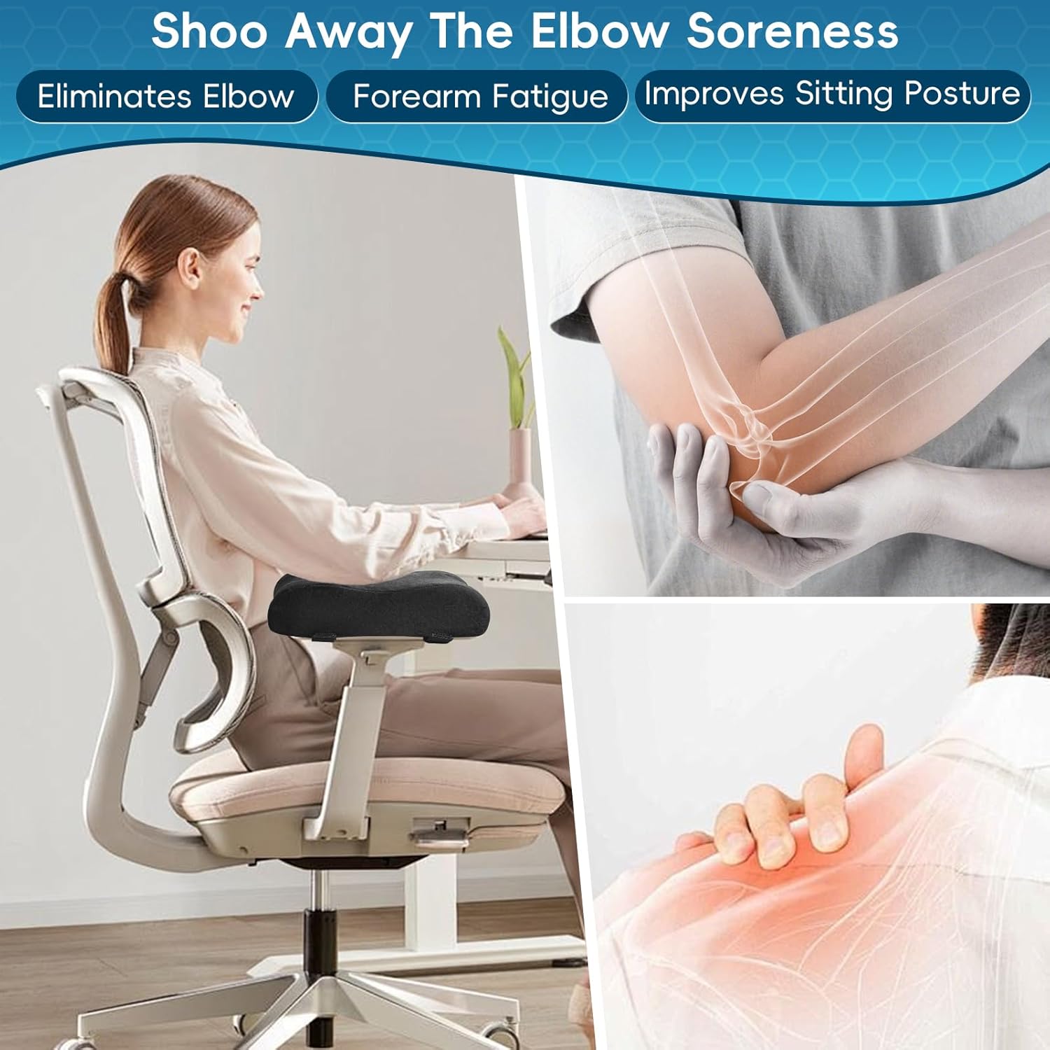 Ergonomic Memory Foam Chair Armrest Pads with Cooling Gel - Non-Slip Elbow Support Cushion for Office/Gaming/Desk Chairs, Washable Cover, Set of 2