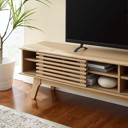 Miniatura 12 de Modway Render Mid-Century - Mueble de TV moderno de perfil bajo de 70 pulgadas para consola multimedia en color blanco nogal, 70 pulgadas Blanco de