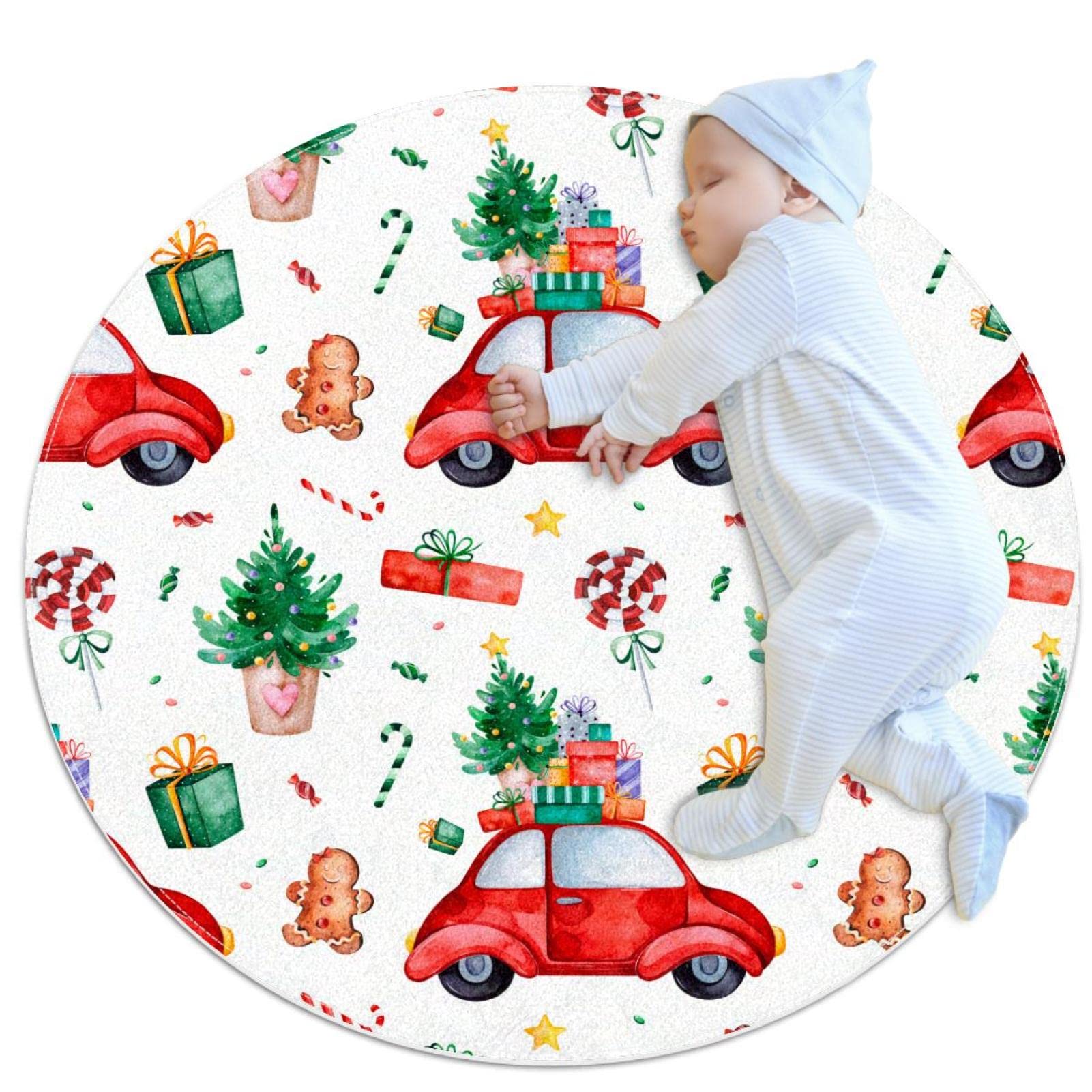 Tapis rond de Noël pour salon de chambre avec voiture rouge et sapin