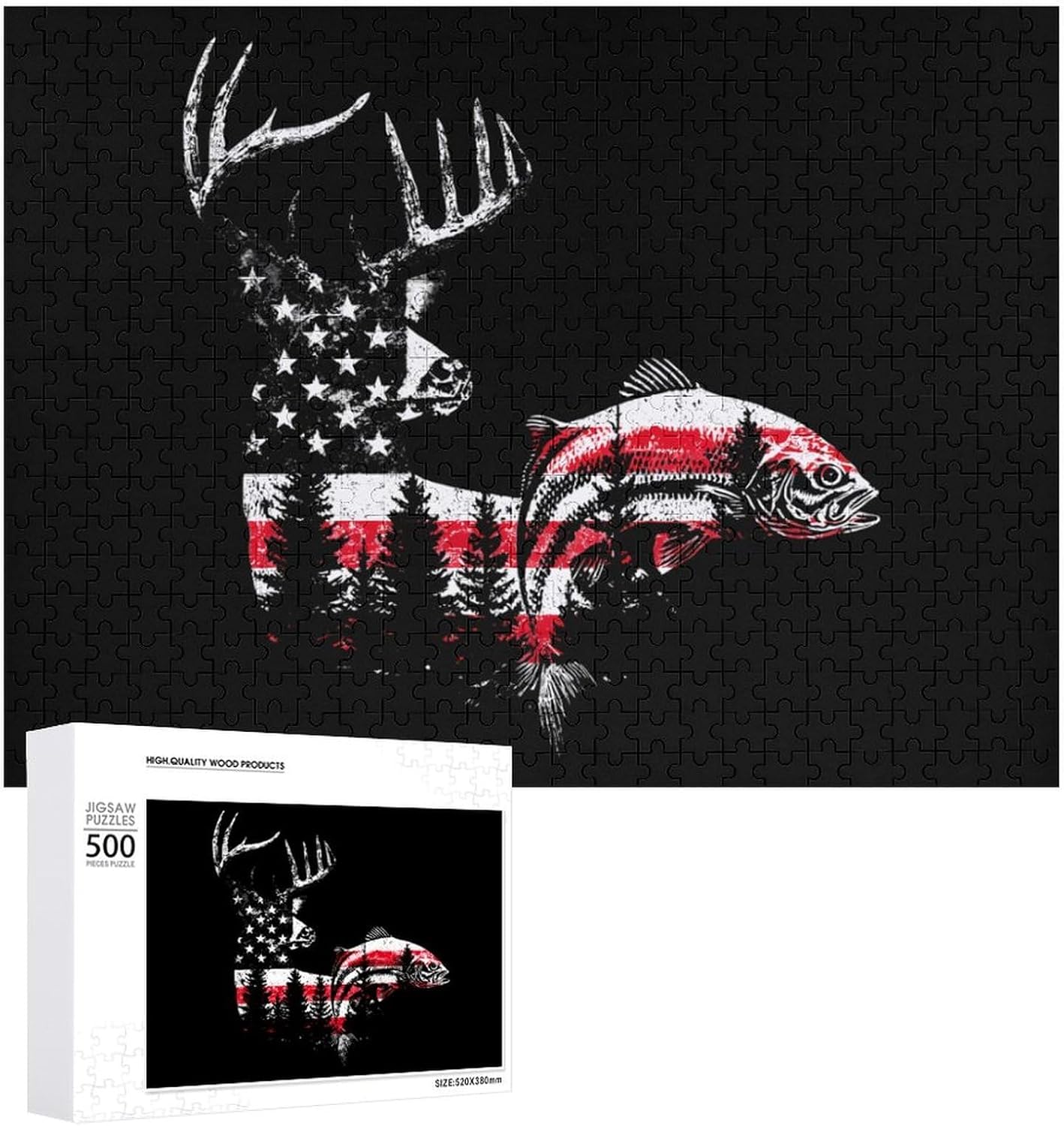 USA Flag Striped Bass Puzzles for Adults 500 PCS Wooden Jigsaw Puzzle Wall Decor Christmas