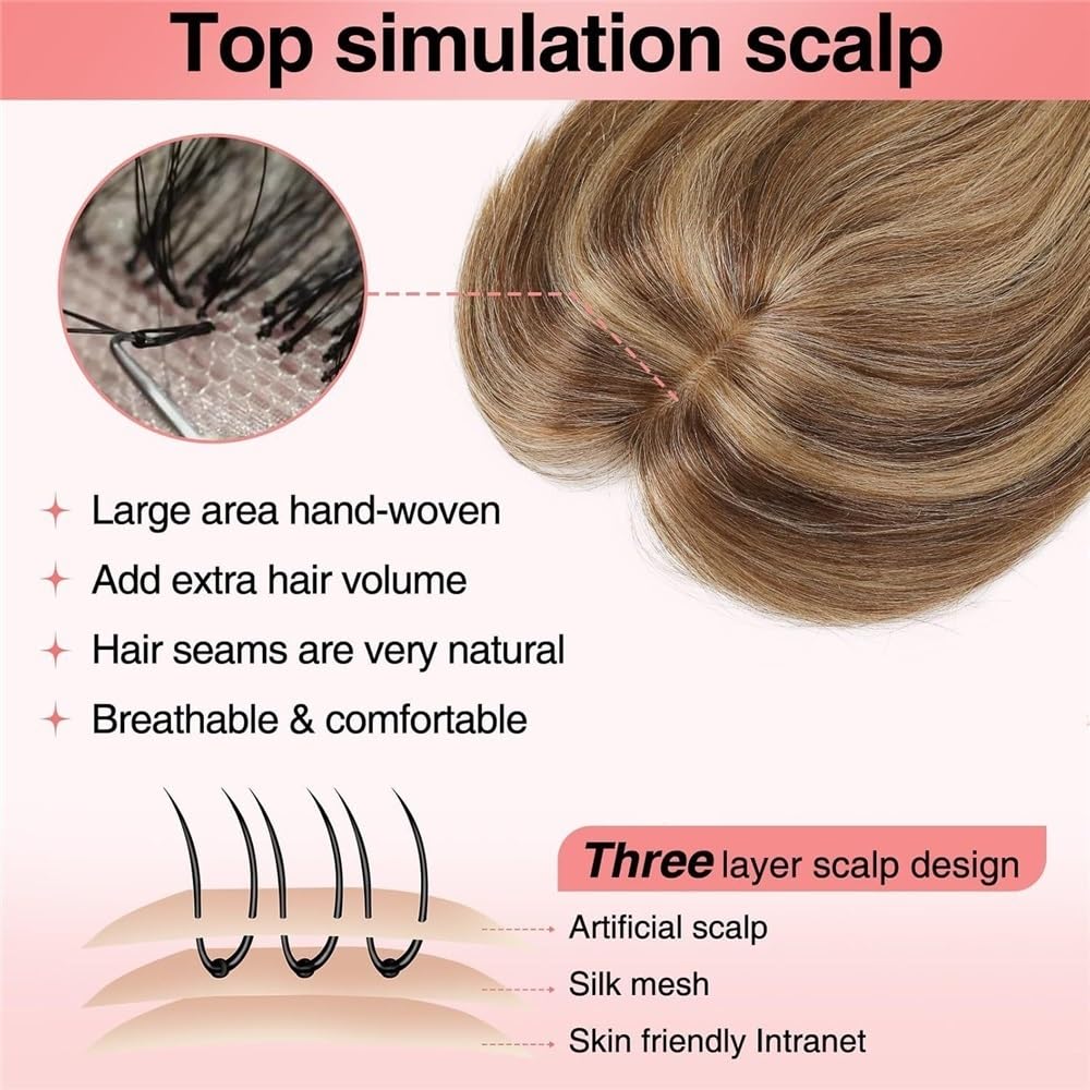 Postizo de cabello humano con flequillo for mujer, 25 cm con clip for cabello fino, base de seda de 8,9 x 6,35 cm. for Thinning Hair(Brown)