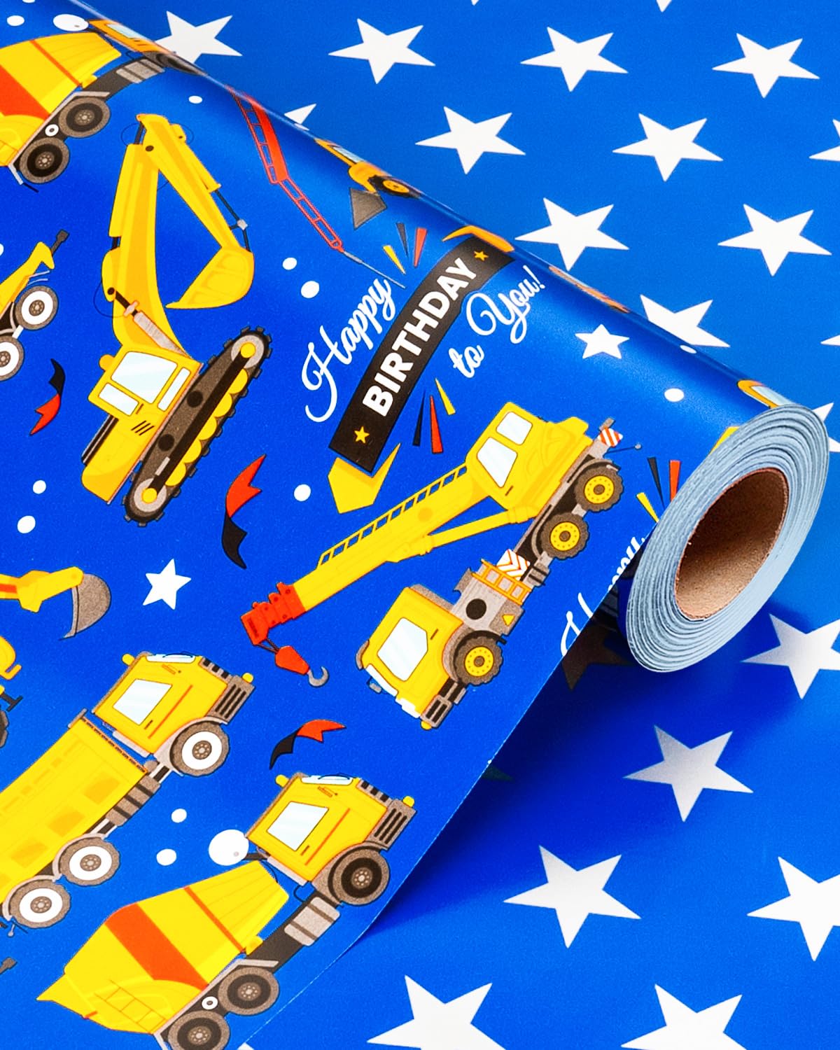 Wikadlik Geburtstags-Geschenkpapierrolle – niedliche Traktor-LKWs, silberner Stern-Design, tiefblaues Geschenkpapier für Kinder und Jungen, 43 cm x 10 m
