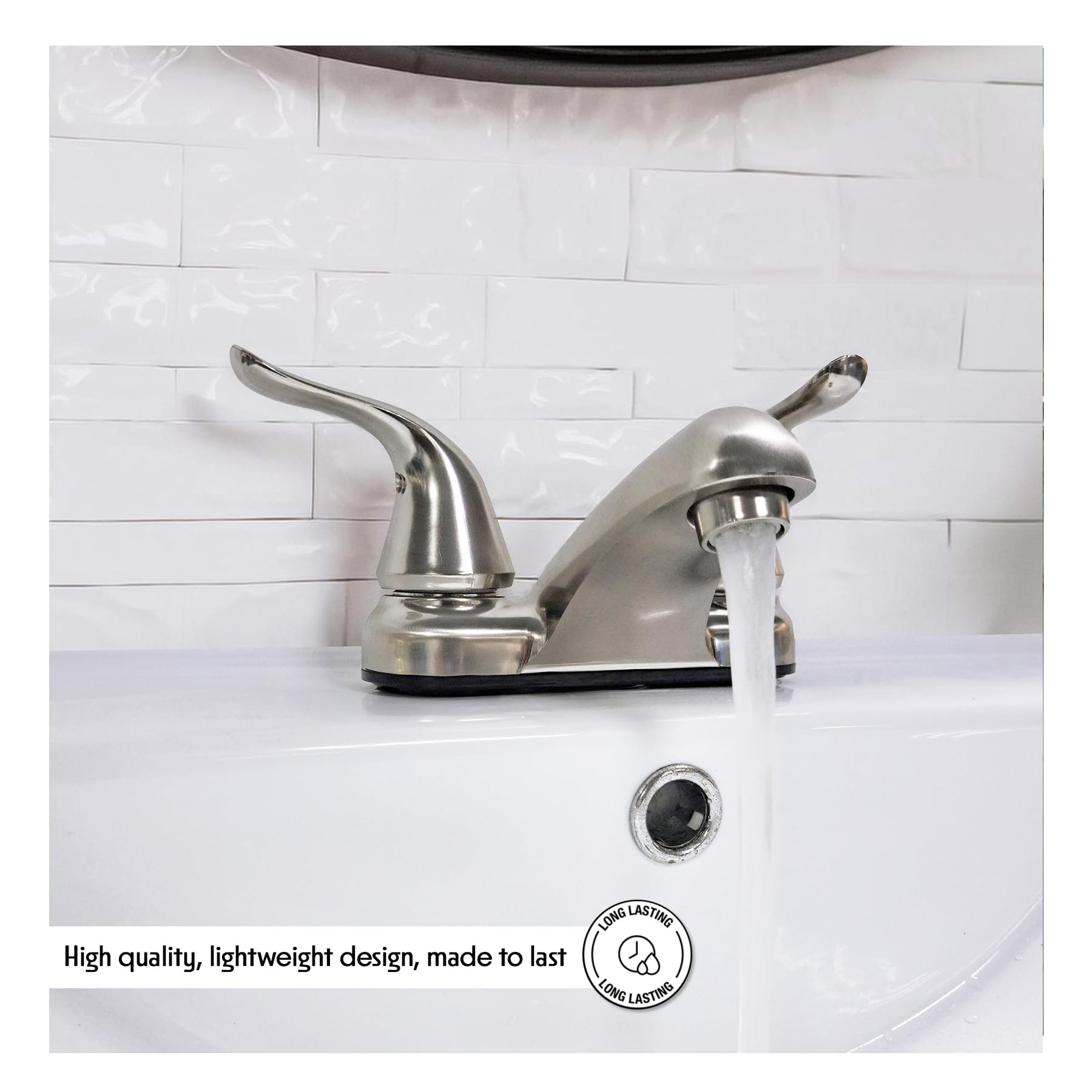 WMF-4224EULP-BN Mobile Home RV Lavatory Bathroom Faucet Double Lever Handle Washerless Cartridge Less Pop Up Drain Brushed Nickel — view 3