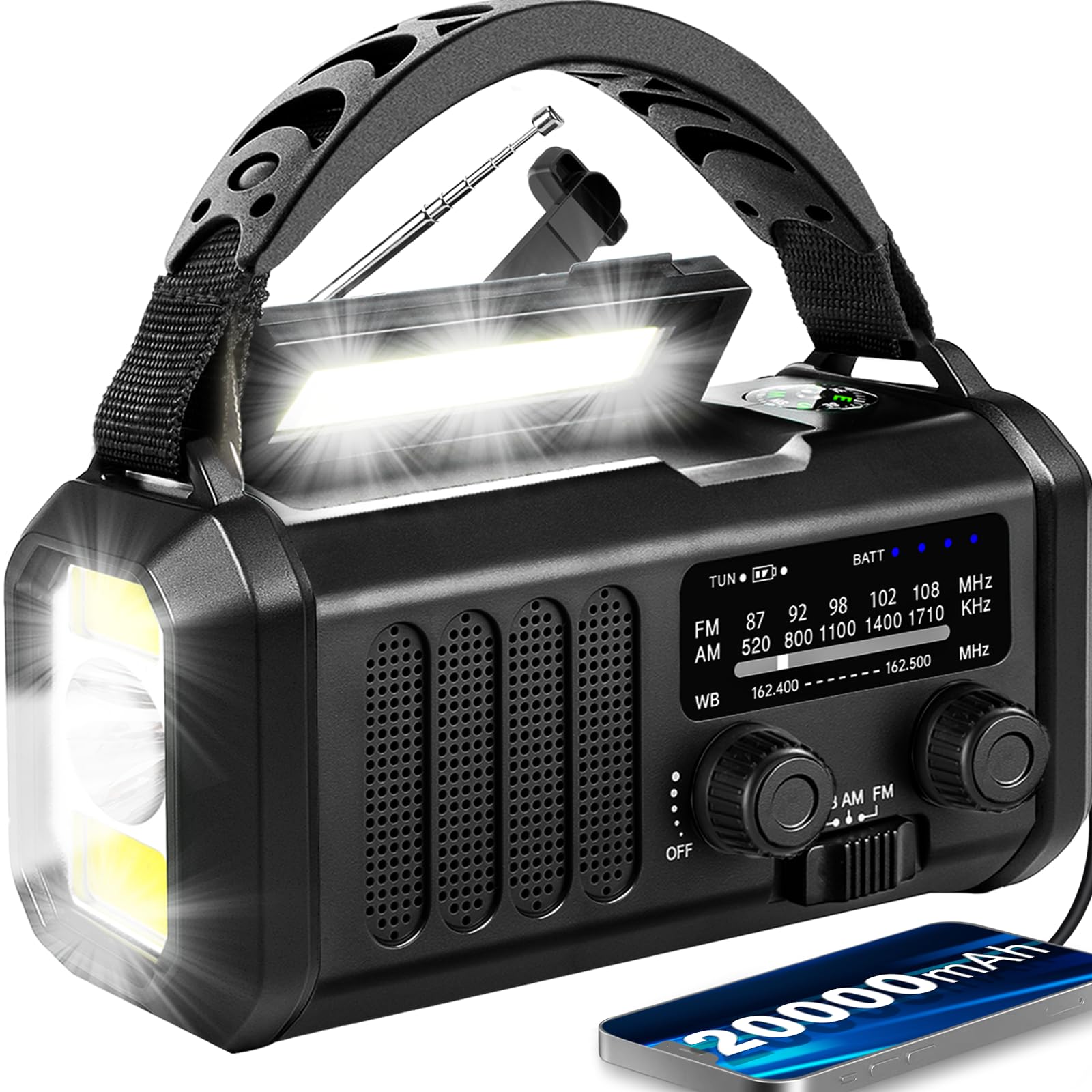 Radio météo d'urgence 20 000 mAh NOAA/AM/FM avec 74000 mWh USB/solaire/manivelle de charge, fonctionne avec piles, alarme SOS et lampe de poche pour les urgences d'intérieur/extérieur (noir)