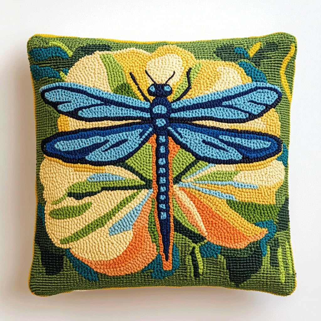 Walluminati 11CT Cross Stitch Pillow Cover Kit, Blue Dragonfly Embroidery Pillow Cases Stitch Pillows Stamped Embroidery Kit Stitch Pillowcase Needlepoint Kits for Adults Beginners 18x18inch