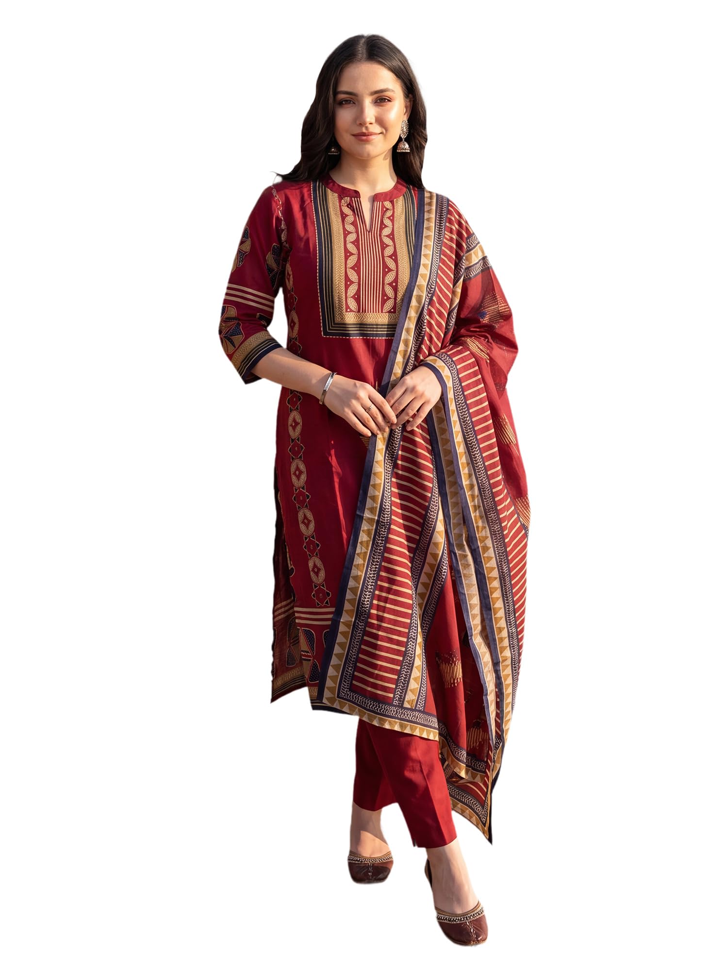 indo era Women's Pure Cotton Abstract Printed Mirror Work Kurta & Pant with Dupatta Set (IEAI13205)|Cotton Suits For Women With Dupatta-picture-38