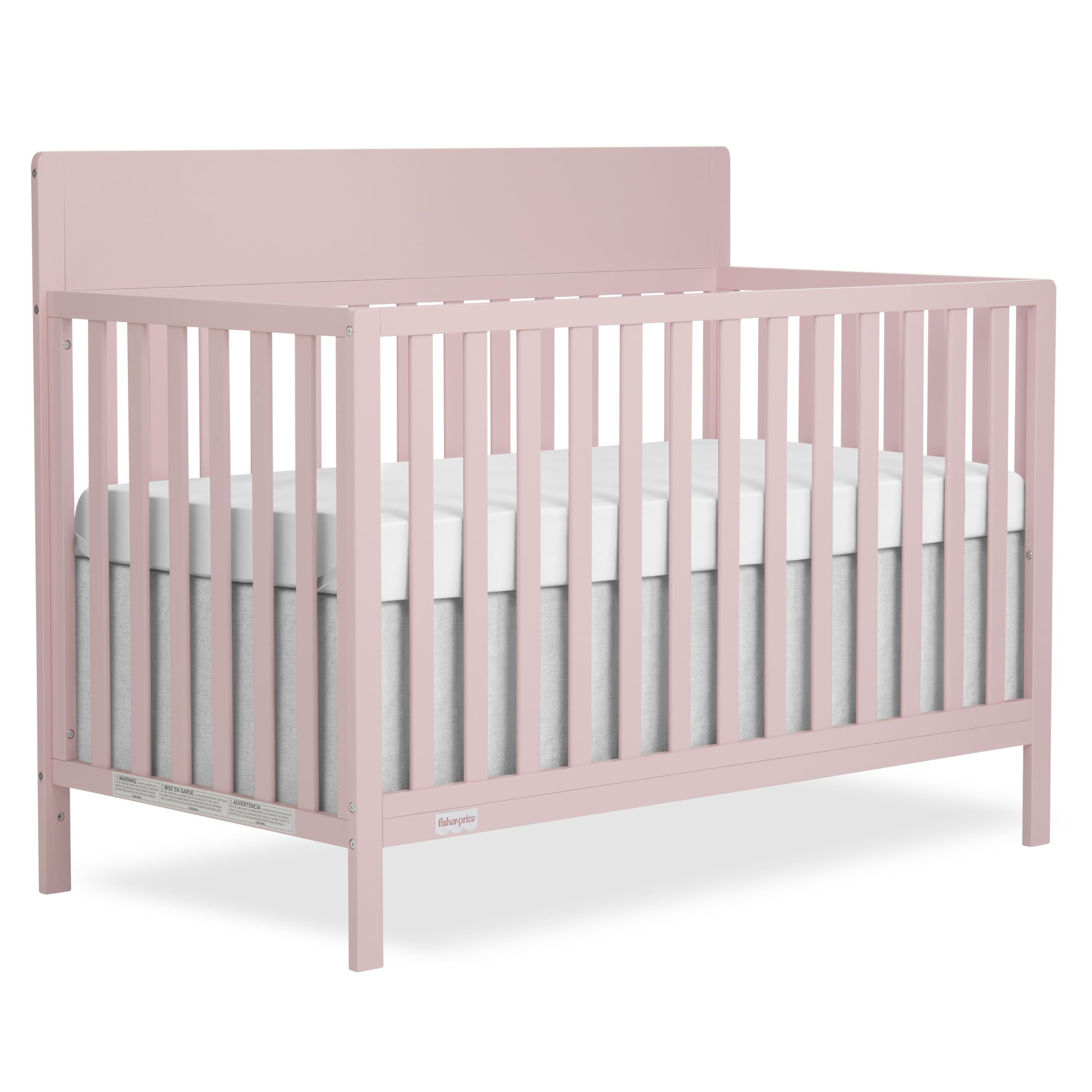 Fisher-Price Meadowbrook 4-in-1 Convertible Full Size Baby Crib, Wooden Nursery Furniture, Converts to Toddler Bed with Guardrail, Daybed &amp; Full-Size Bed, Greenguard Gold &amp; BSA Certified, Pink