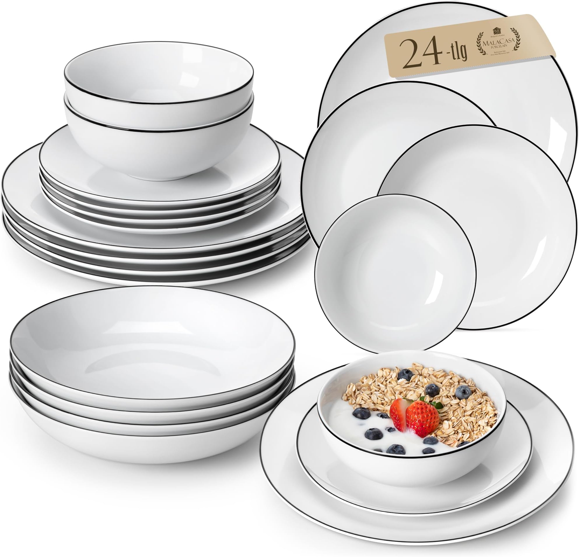 Dinner Sets for 6 People, 24 Piece Gourmet Porcelain Plates and Bowls Set with Black Rim White Tableware with 6-Piece Round Dinner Plates/Dessert Plates/Soup Plates/Bowls, Series Amelia