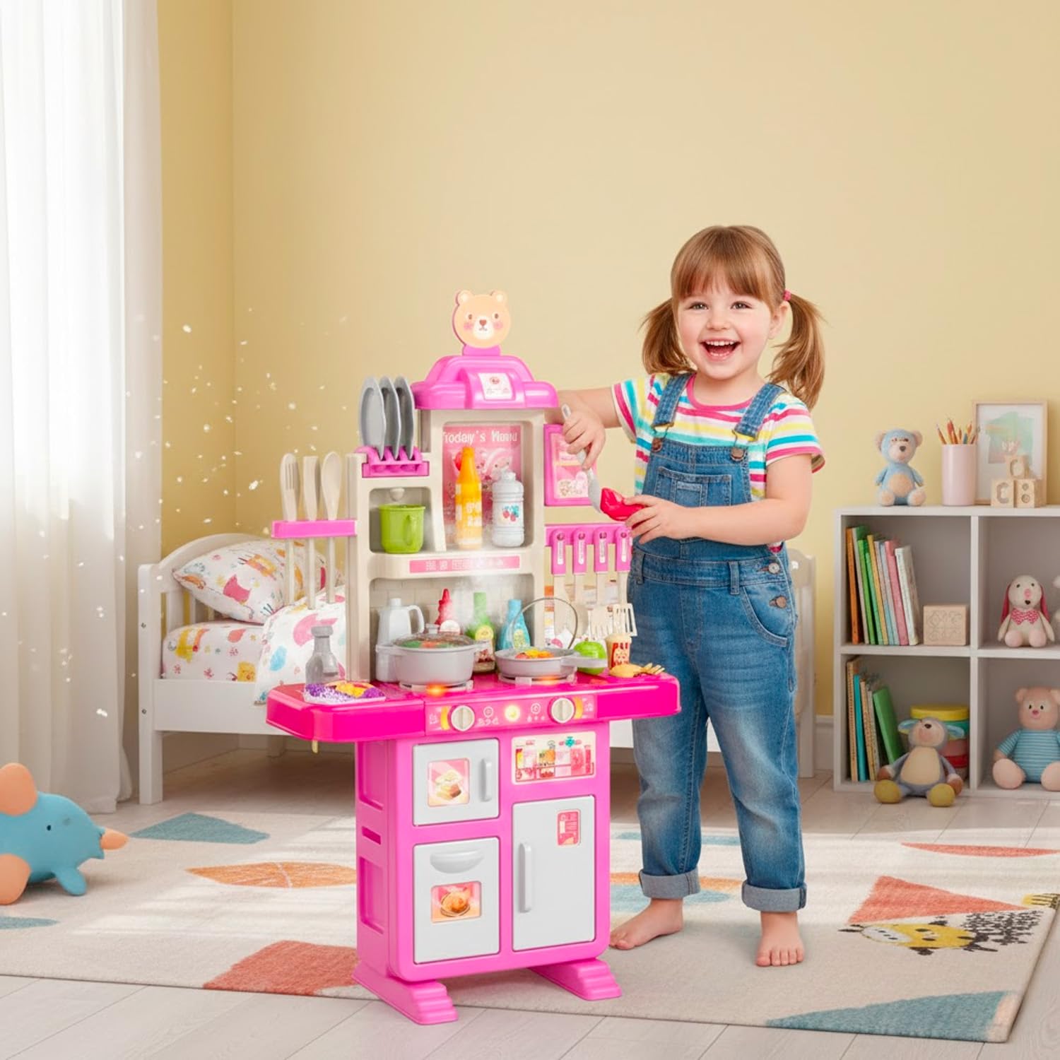 Cucina Giocattolo Per Bambini Con Luci E Suoni Realistici 69 Accessori Rubinetto Con Sistema Di Riciclo Dell'Acqua E Fornelli Per Bambini Dai 3-5 Anni Set Cucina (Rosa)