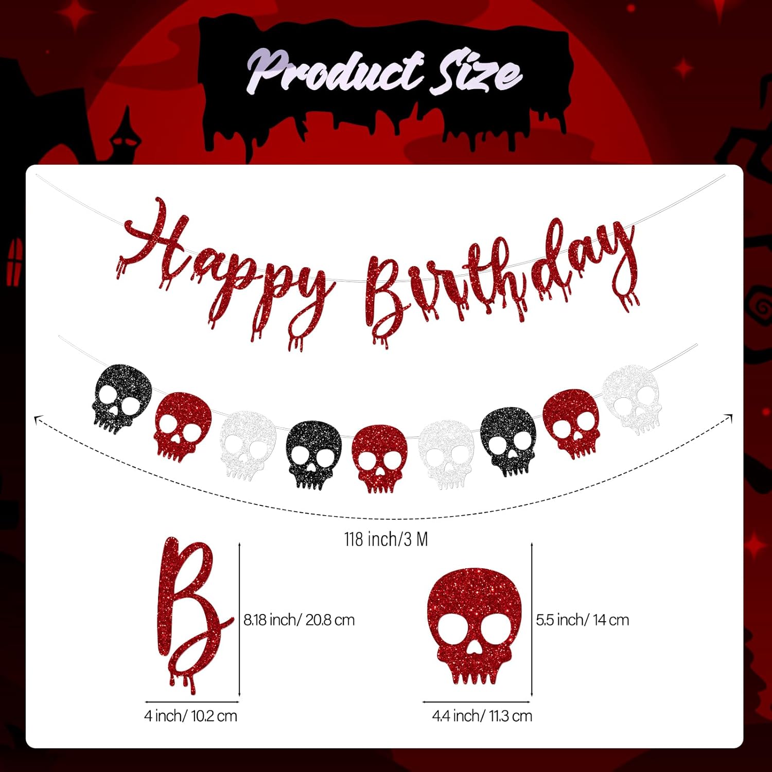 Red Glitter Skull Halloween Happy Birthday Banner with Blood Drop Skull Garland Banners for Horror Halloween Birthday Party Decorations - Image 3