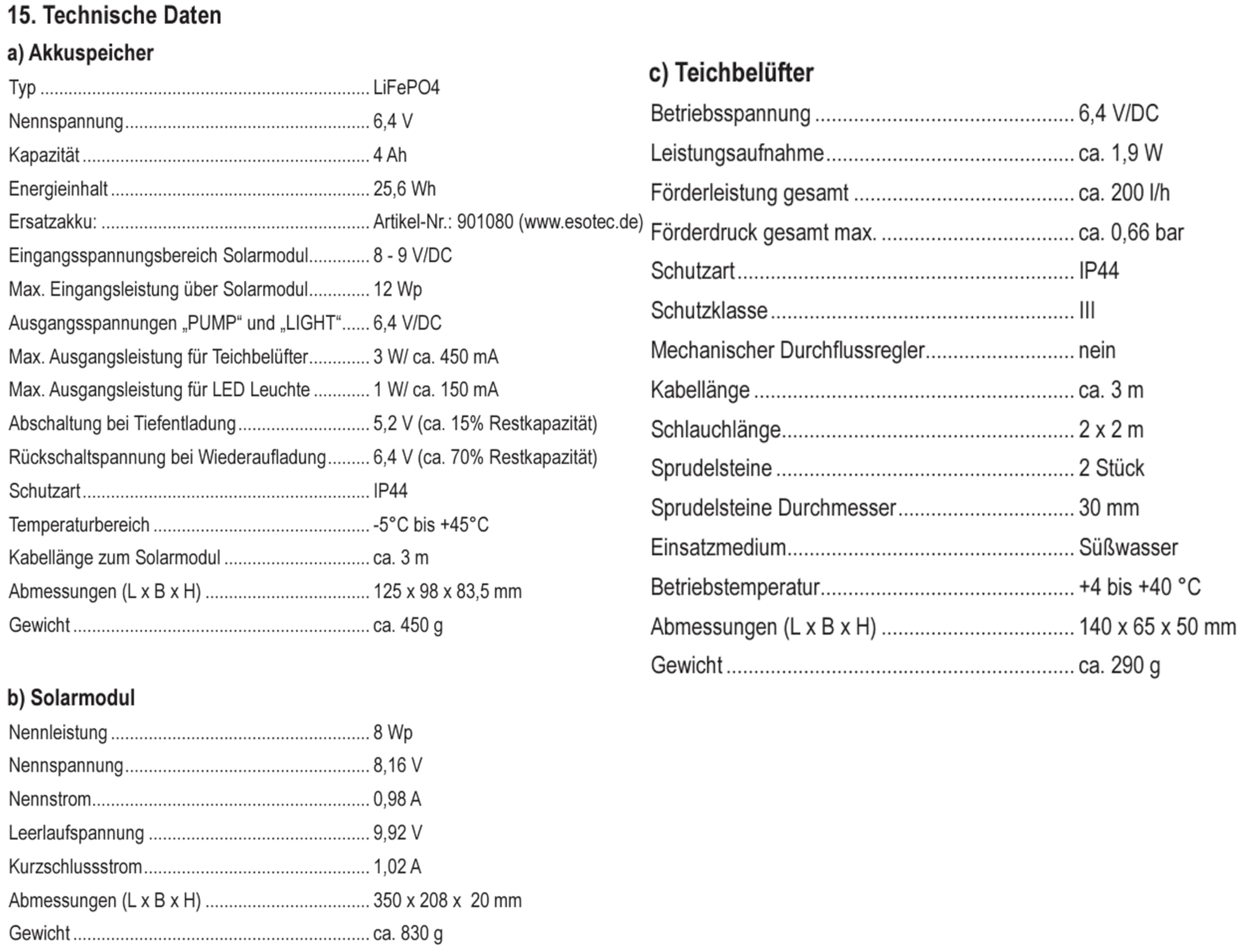 esotec Solar Teichbelüfter Set 8/200, 6,4V/DC Belüfterpumpe, LiFePO4 Akku, Teichbelüftung, Sauerstoffpumpe 200l/h Luftleistung, Solarpanel 8W, Erdspieß 101878
