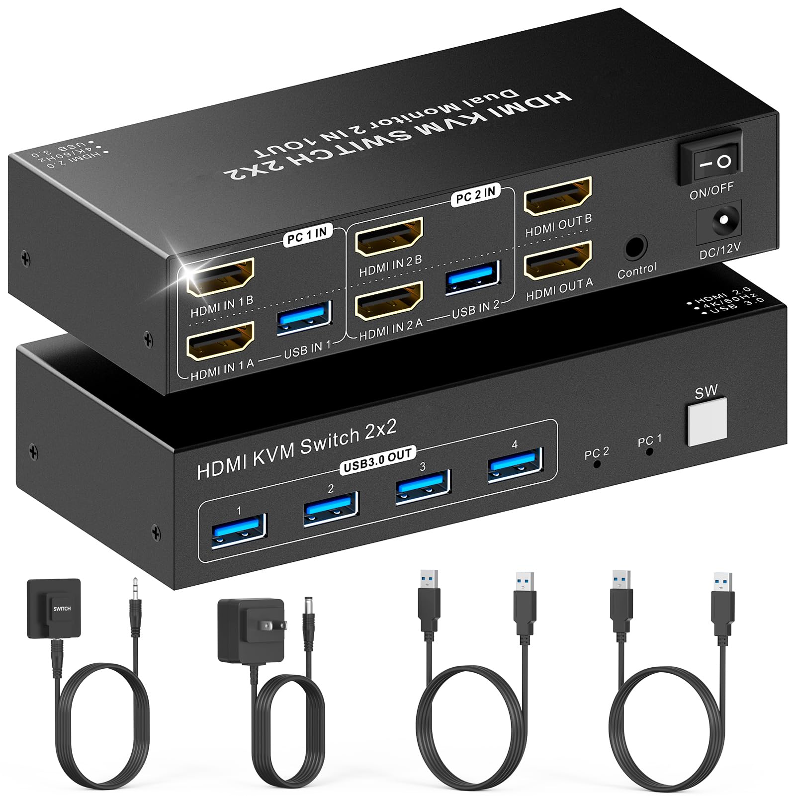 hdmi kvm switch 2 monitors 2 computers 4k@60hz, dual monitor kvm switcher 2 pc extended display for 2 port share 4 usb 3.0 ports, wired remote & 2 usb 3.0 cables included