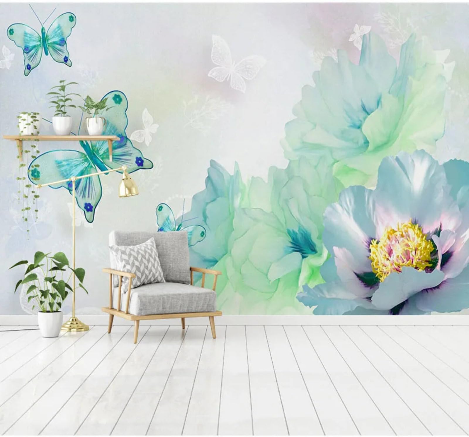 Fresh Beautiful Green Flowers Butterflies 3D Wallpaper Easy Install Feature Office Living Room Sofa Bedroom TV Background Wall Decoration-350cm×256cm