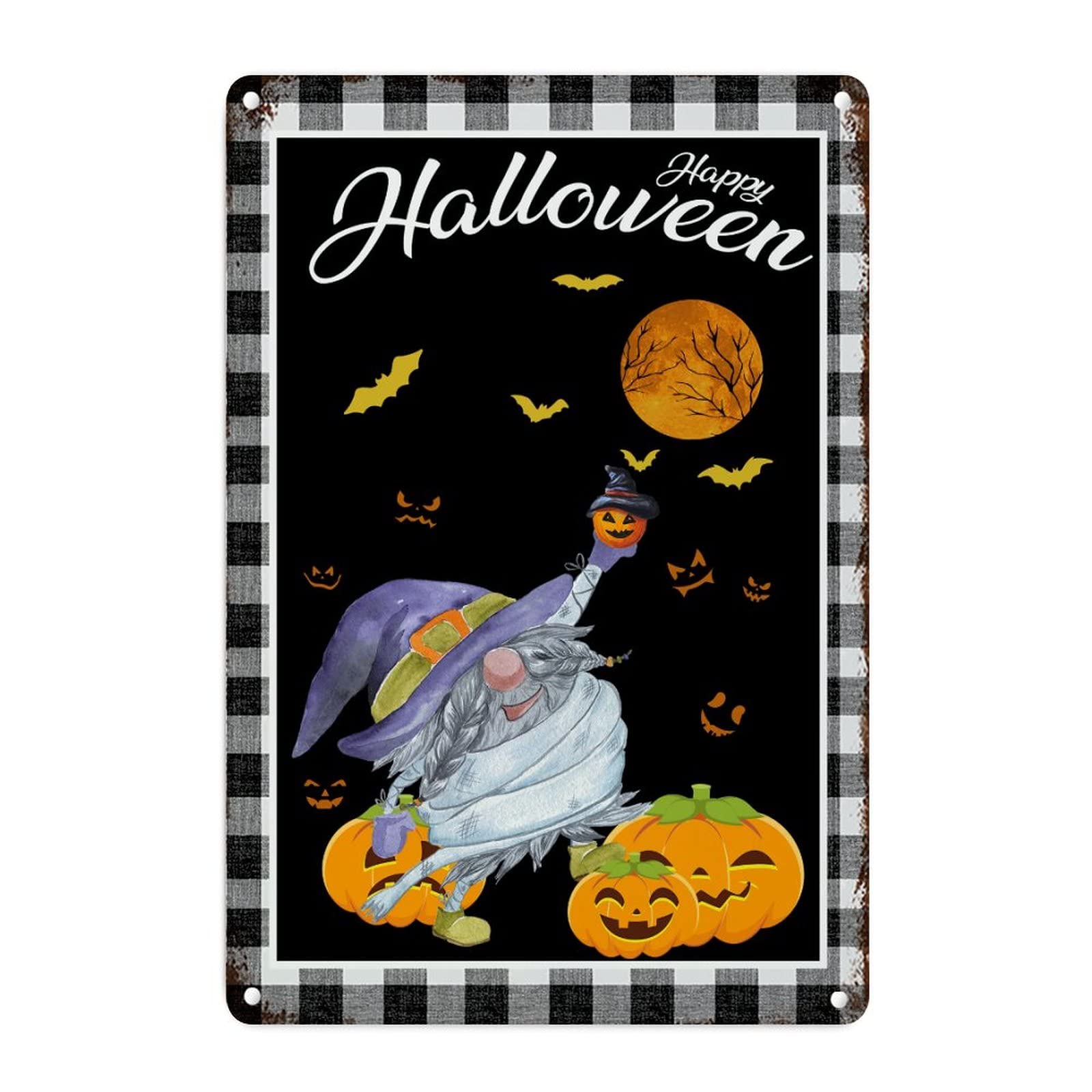 Plaque murale métal vintage Halloween avec nain de citrouille